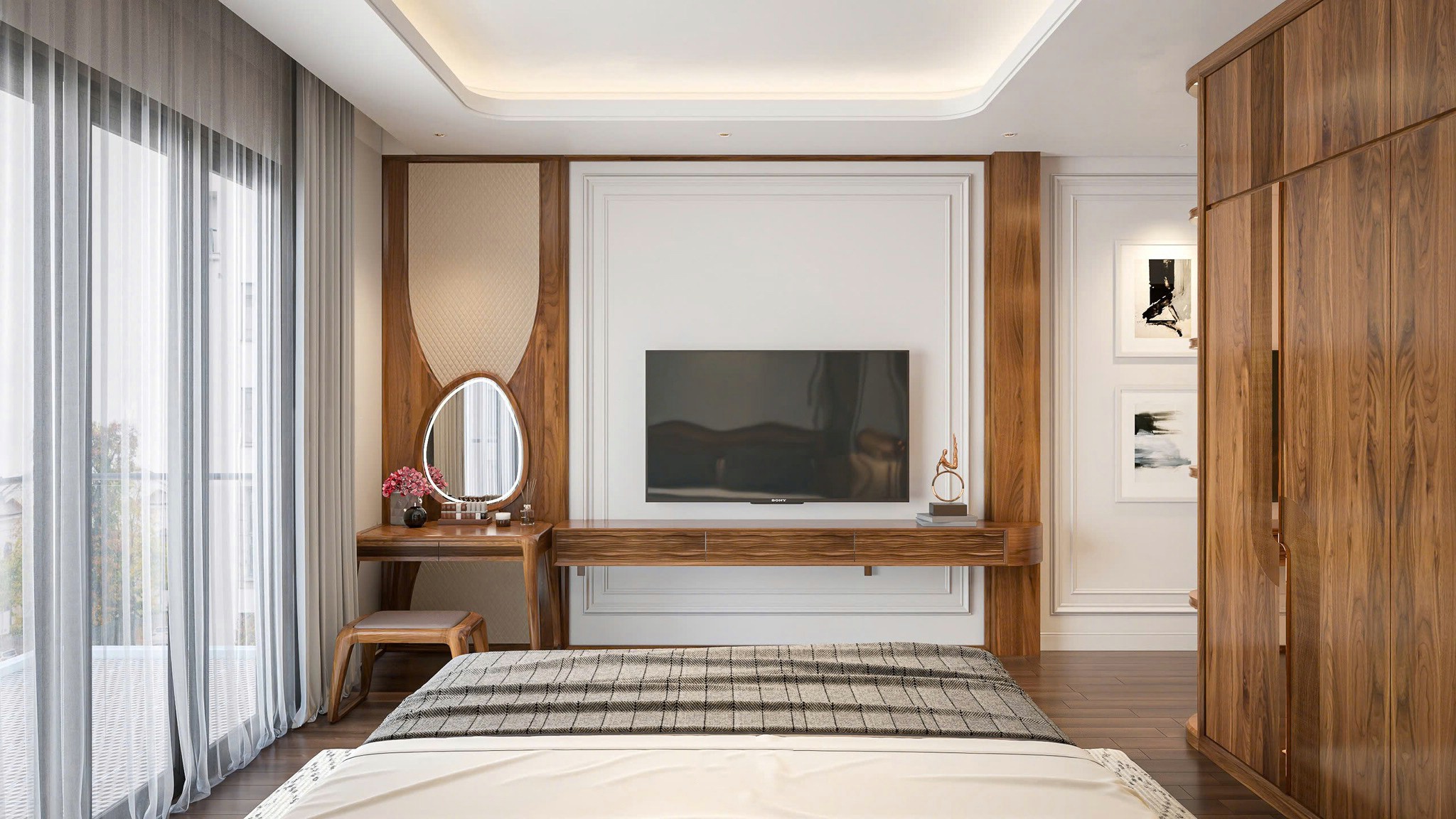 Mẫu kệ tivi treo tường hiện đại bo cong tinh tế với họa tiết CNC sóng nước