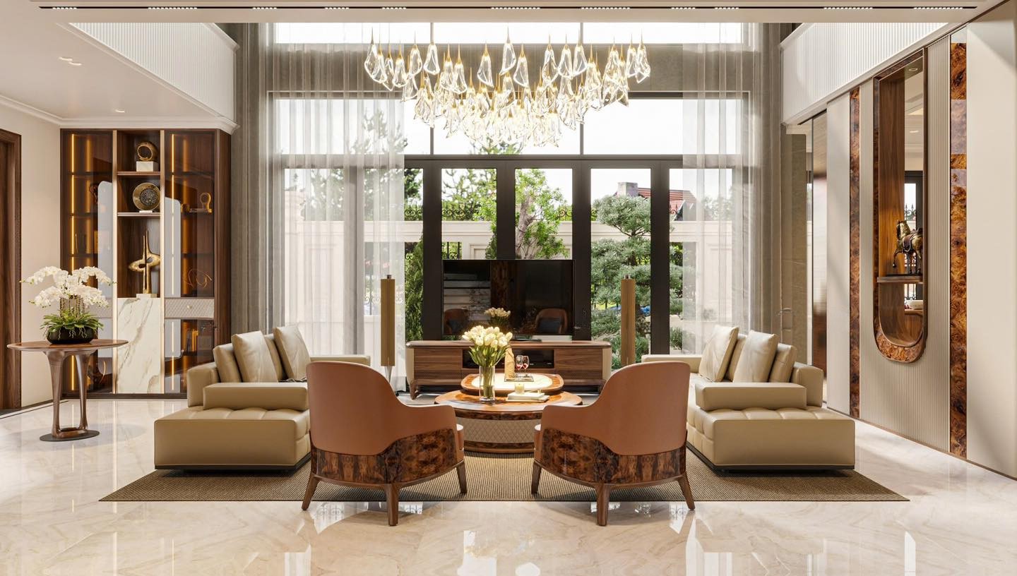 Mẫu nội thất phòng khách hiện đại với sofa da PU và kệ tivi gỗ óc chó