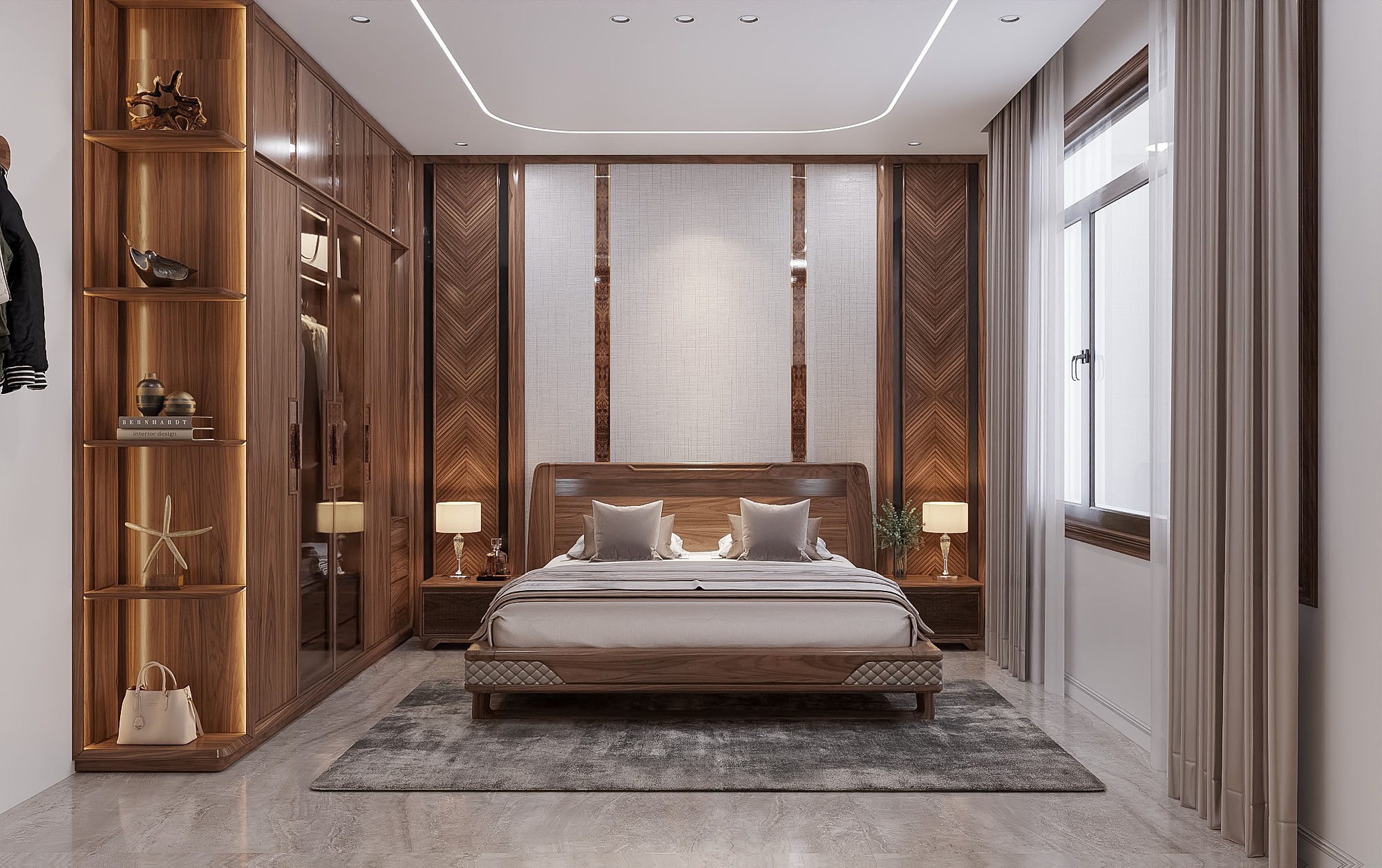 Mẫu nội thất phòng ngủ với tủ quần áo gỗ MDF phủ melanite cánh gián