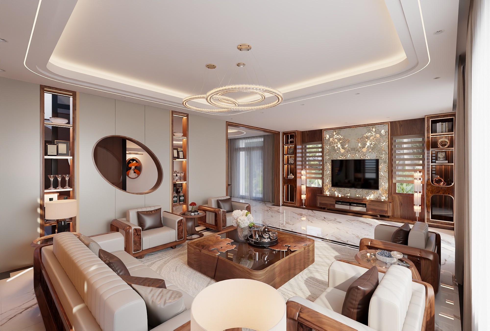 Thiết kế mẫu phòng khách đẹp hiện đại nội thất gỗ tự nhiên