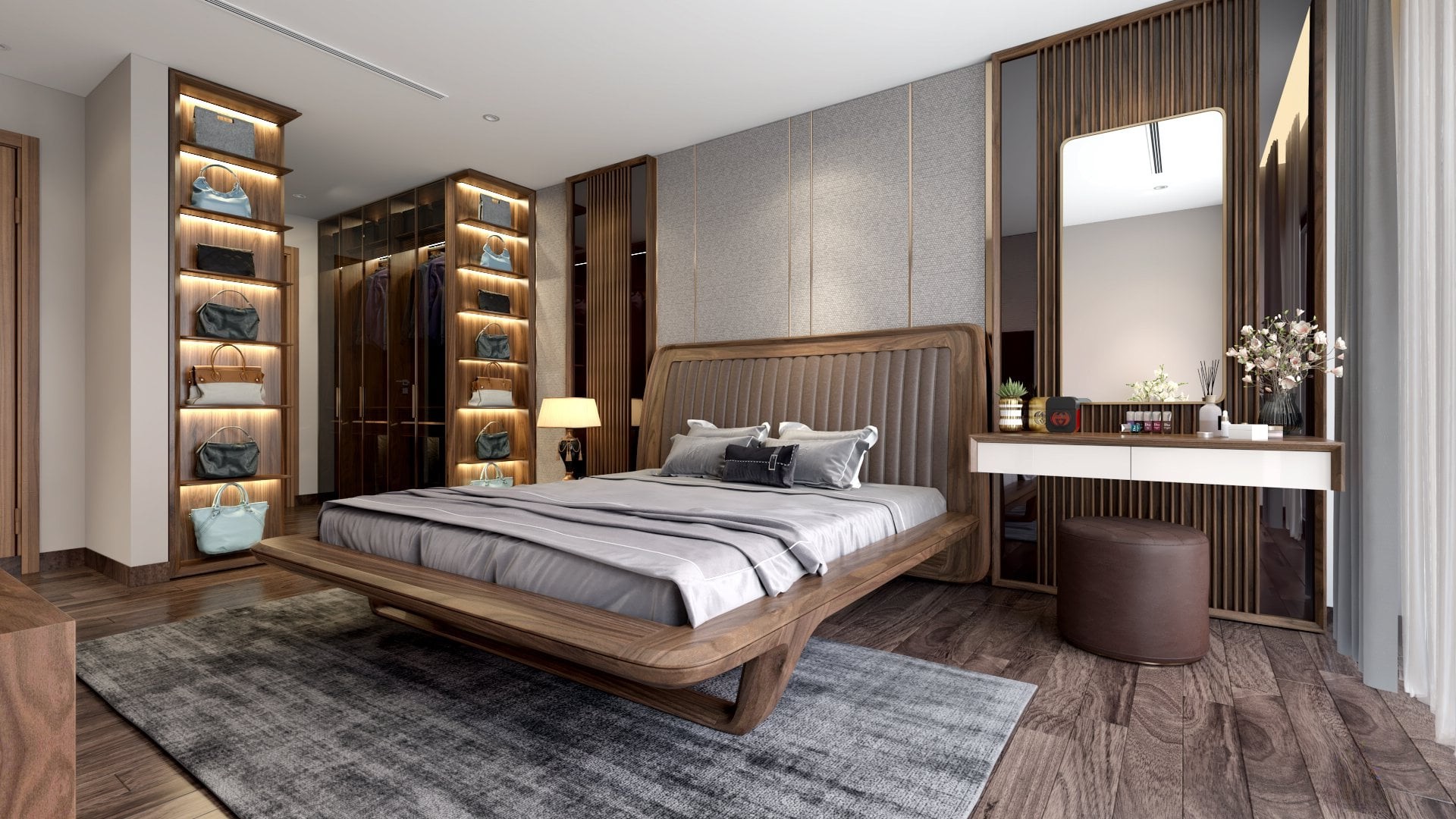 Mẫu phòng ngủ đẹp hiện đại với tủ quần áo kính, giường gỗ óc chó và bàn trang điểm gắn tường