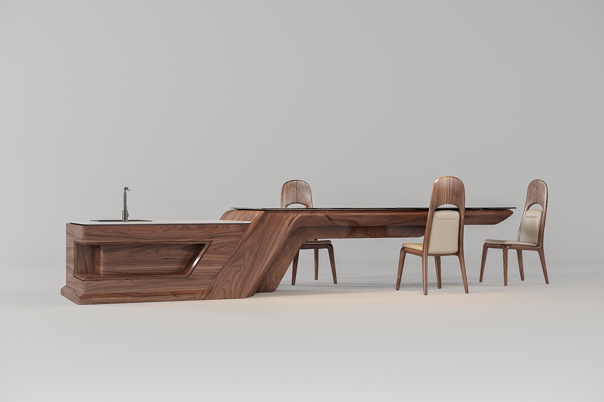 Mẫu quầy bar đẹp với gỗ veneer óc chó và mặt bàn đá trắng sang trọng