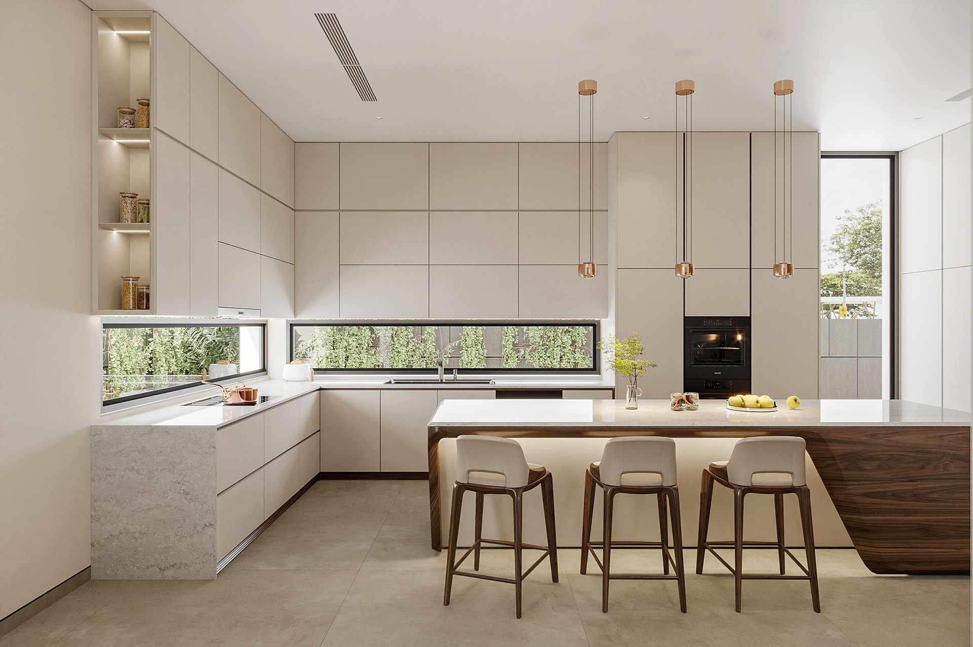 Mẫu quầy bar gỗ tự nhiên phòng bếp hiện đại