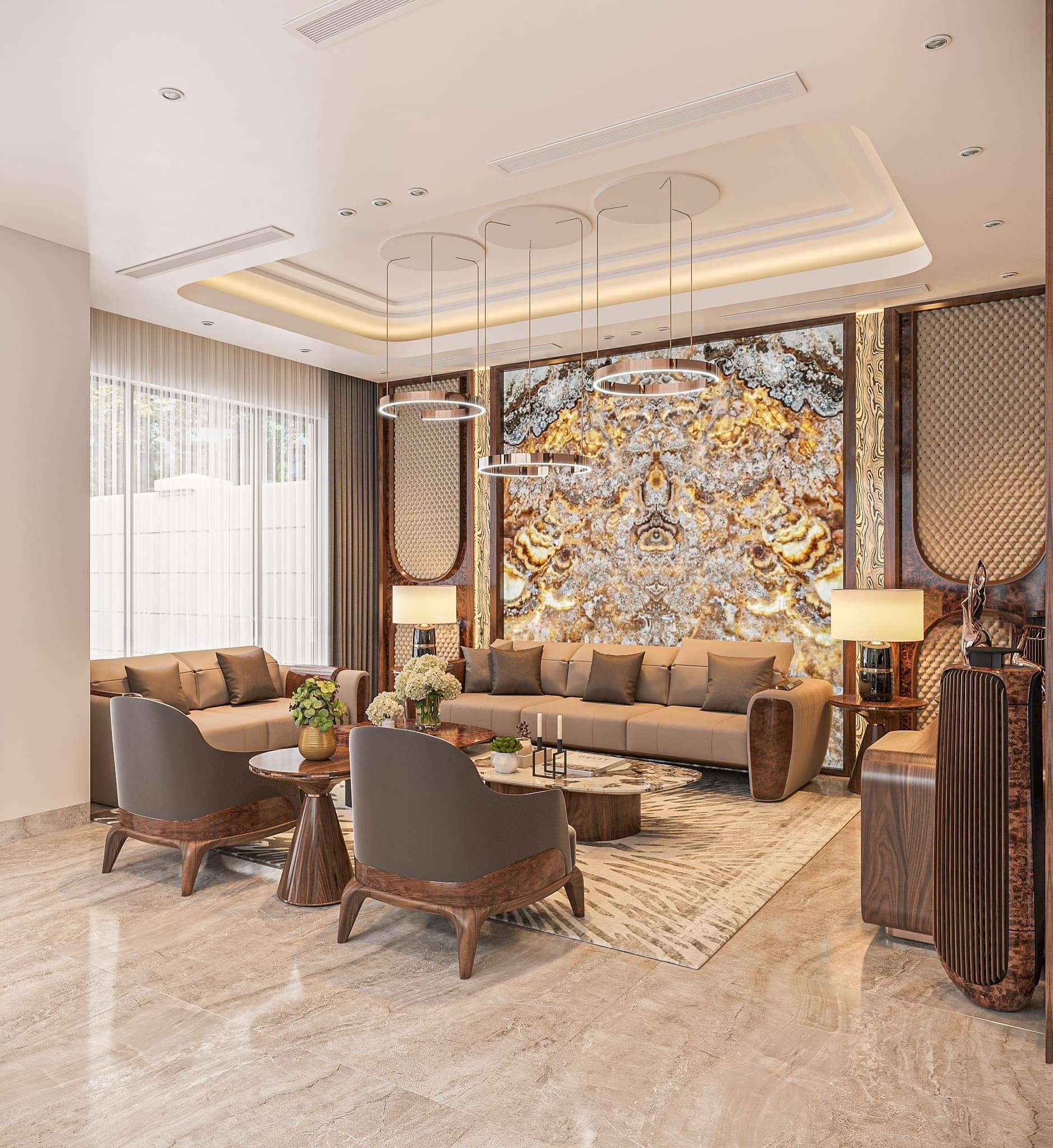 Mẫu sofa gỗ đẹp hiện đại với đệm da nâu be và bàn trà mặt đá Onyx