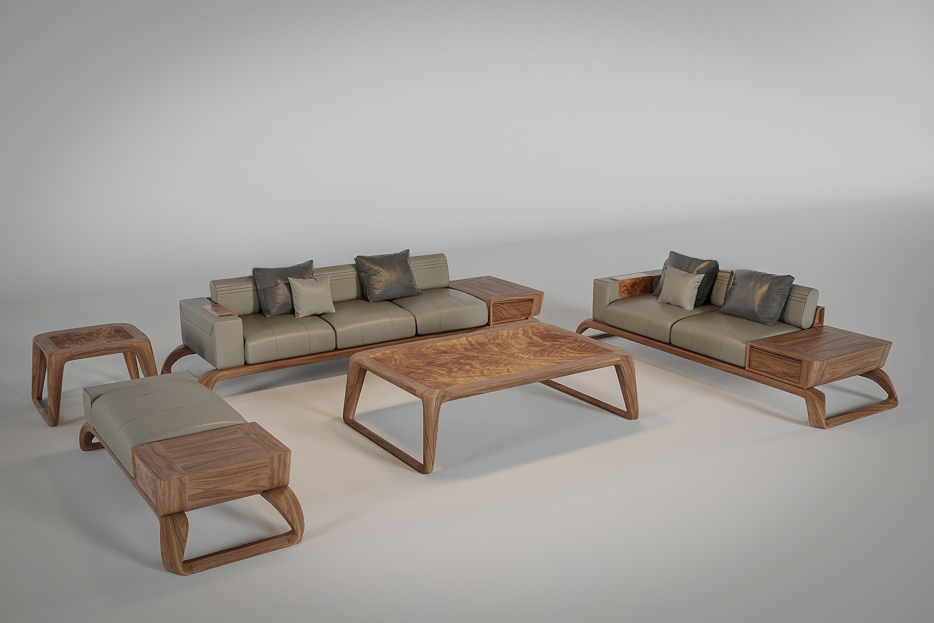 Mẫu sofa gỗ đẹp hiện đại bằng gỗ óc chó tự nhiên và đệm da ghi đá