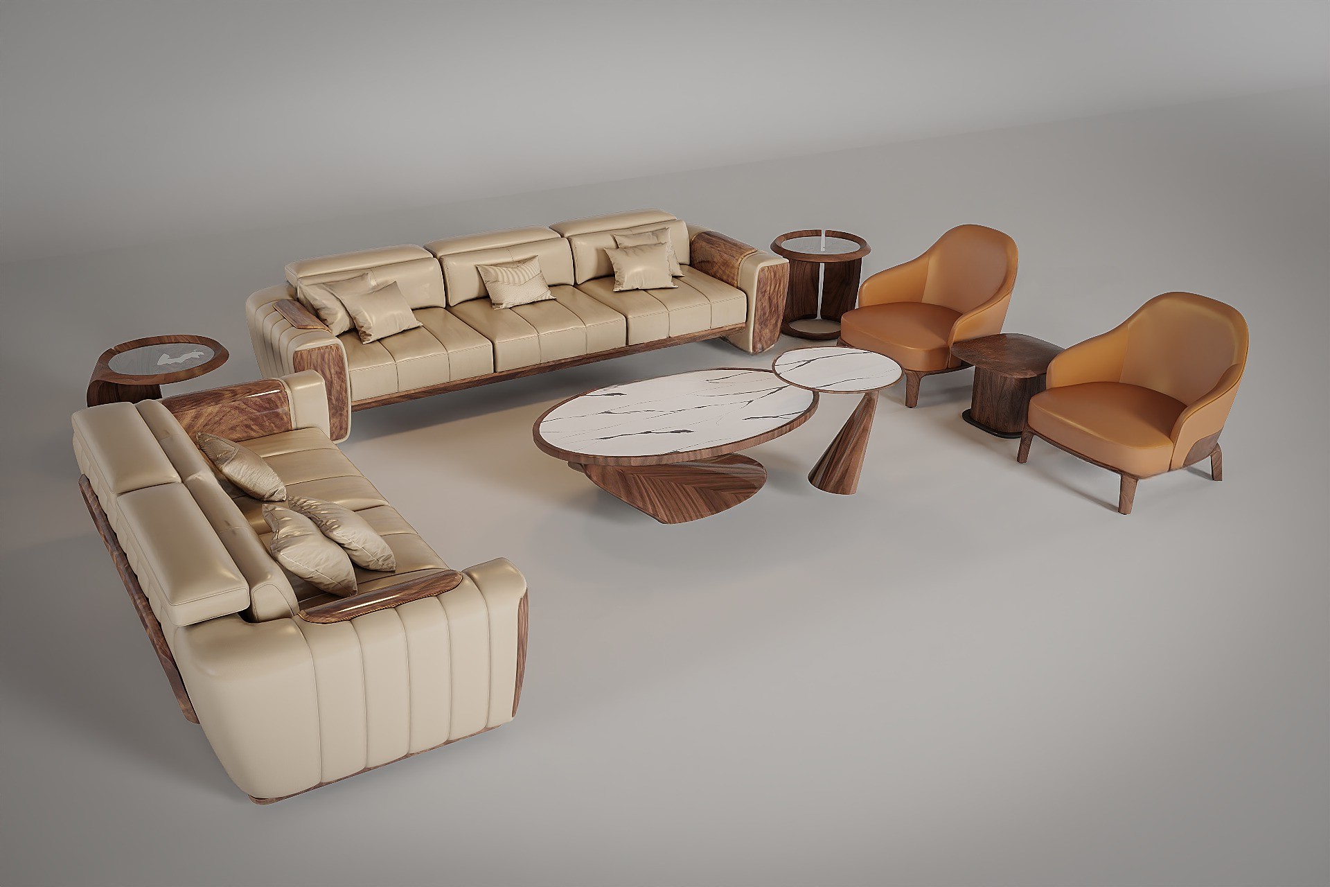 Mẫu sofa gỗ hiện đại dáng chữ U với bàn trà đá marble sang trọng