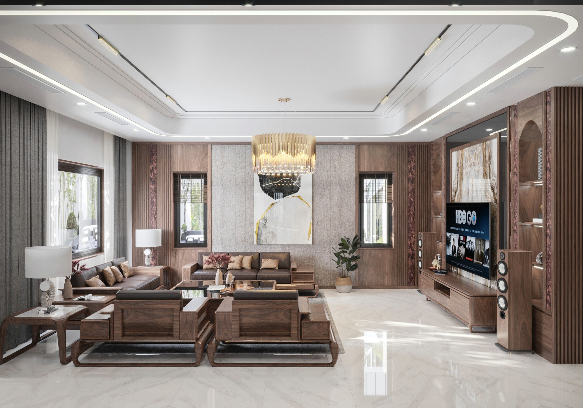 Mẫu thiết kế phòng khách đẹp với bàn ghế gỗ, vách ốp đá và trần giật cấp hiện đại