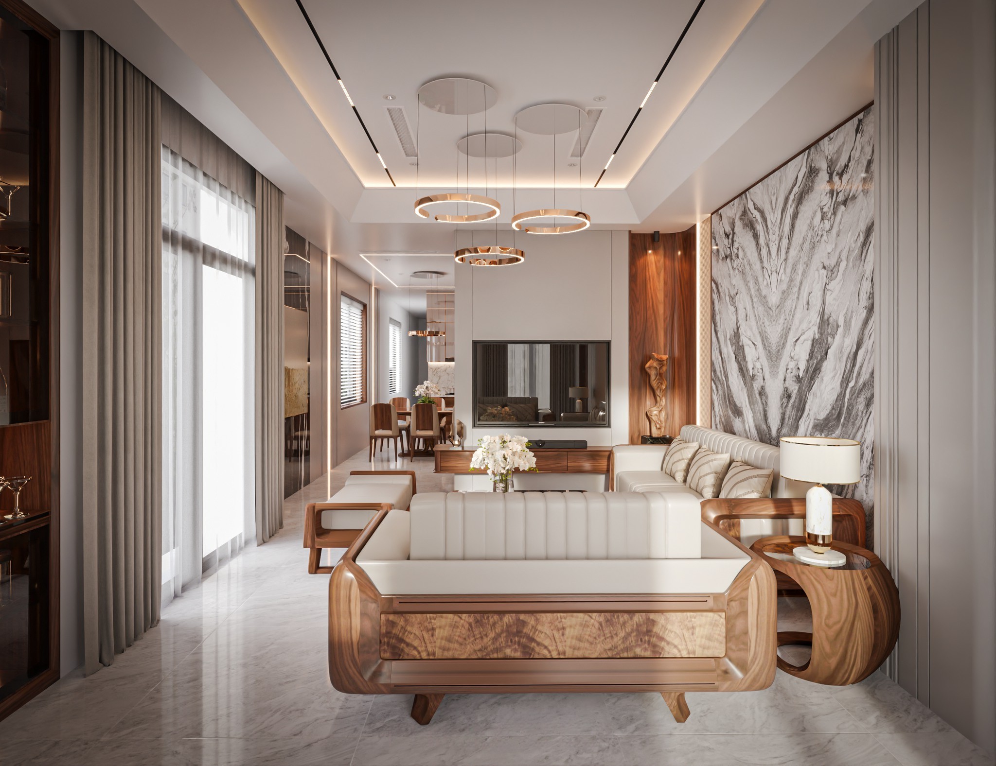 Mẫu thiết kế phòng khách hiện đại với kệ tivi veneer gỗ óc chó và sofa da trắng kem