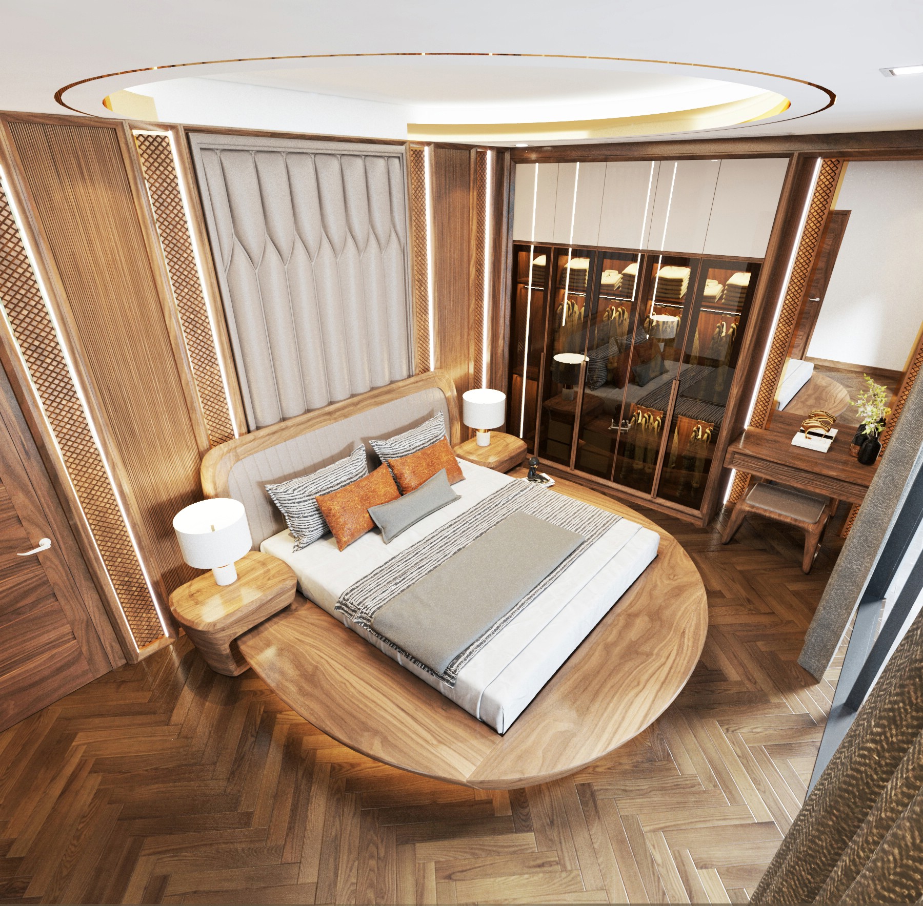 Mẫu thiết kế phòng ngủ đẹp với giường tròn gỗ sồi và tủ quần áo acrylic kính