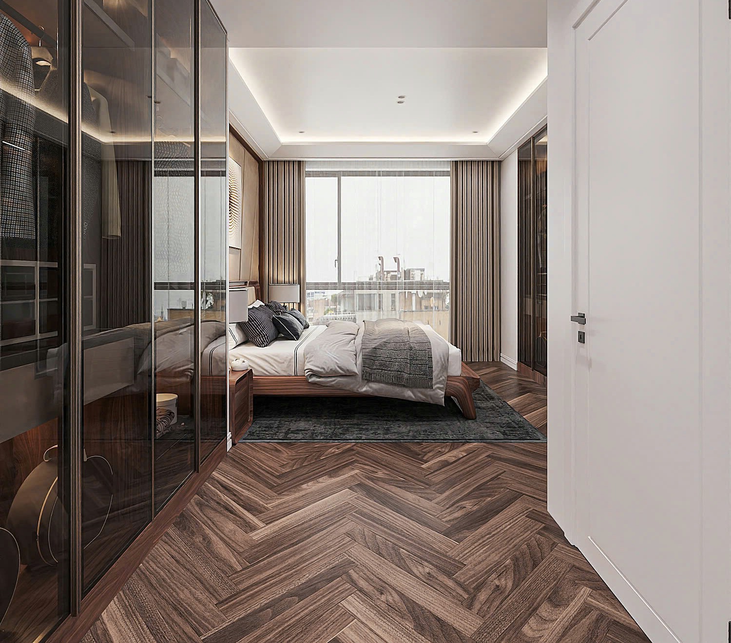 Mẫu thiết kế phòng ngủ hiện đại với tủ áo kính và giường gỗ óc chó