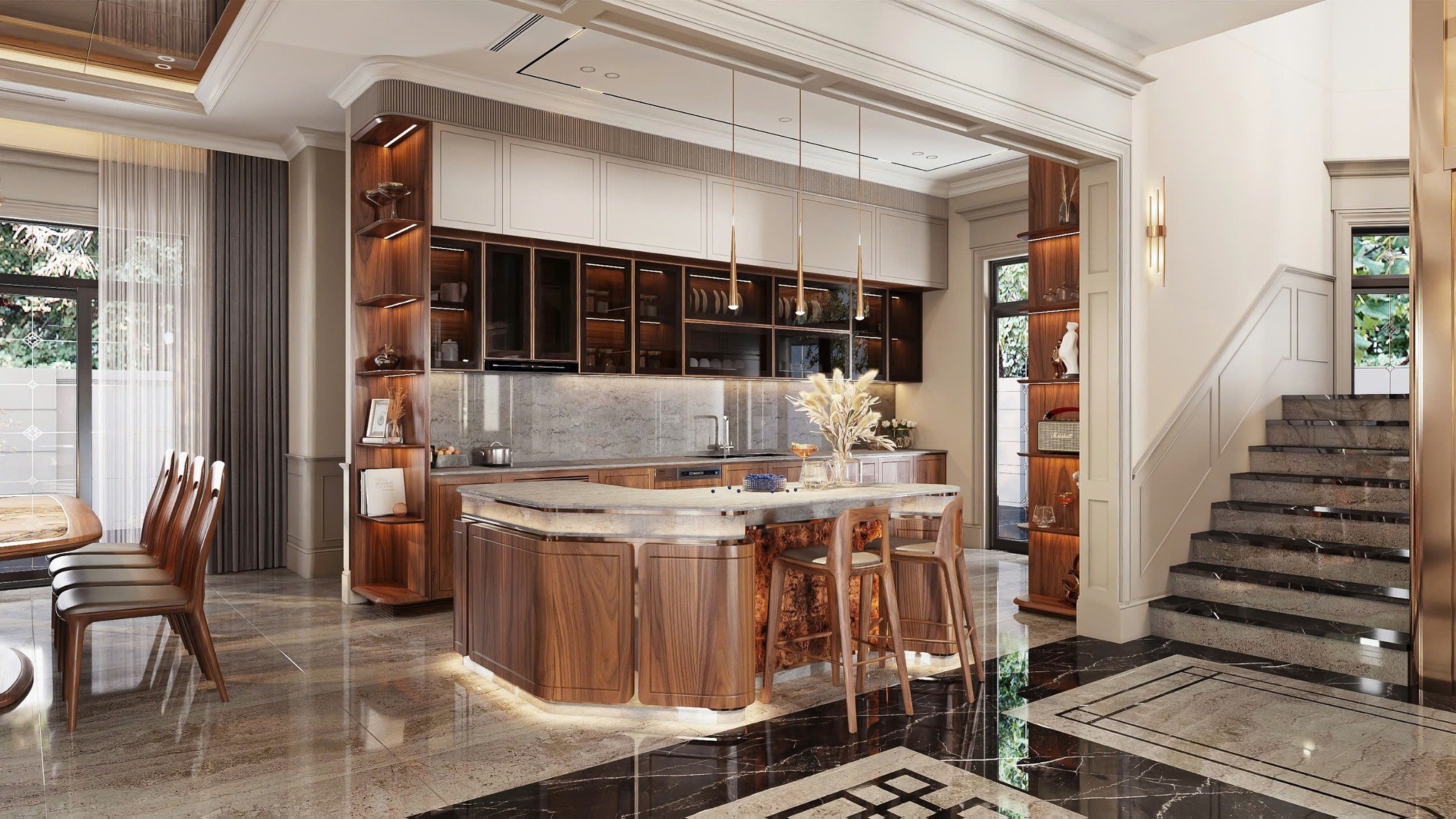 Mẫu thiết kế tủ bếp chữ I gỗ óc chó kết hợp MDF hiện đại sang trọng