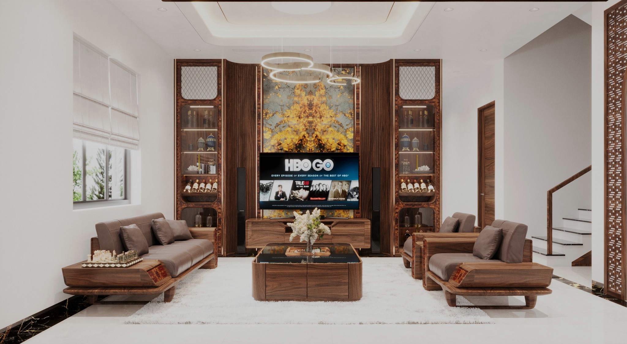 Mẫu trang trí phòng khách đẹp với kệ tivi gỗ óc chó và tủ rượu cánh kính