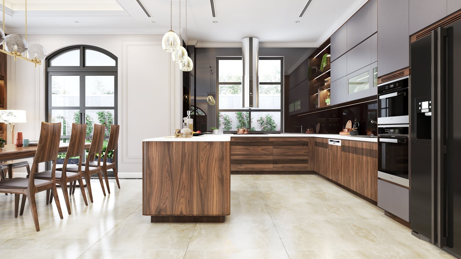 Mẫu tủ bếp bằng gỗ chữ L hiện đại với bàn bar và tủ acrylic