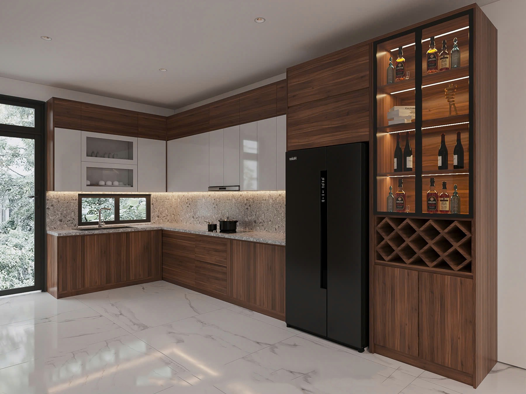 Mẫu tủ bếp gỗ công nghiệp hiện đại phối acrylic trắng và laminate vân gỗ nâu