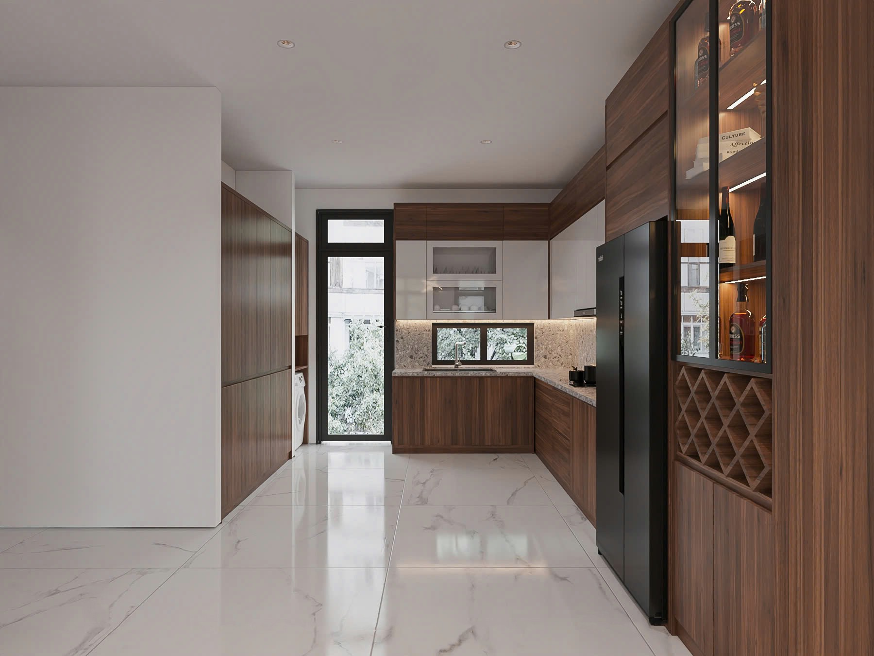 Mẫu tủ bếp gỗ đẹp chữ L hiện đại với laminate màu nâu và acrylic trắng