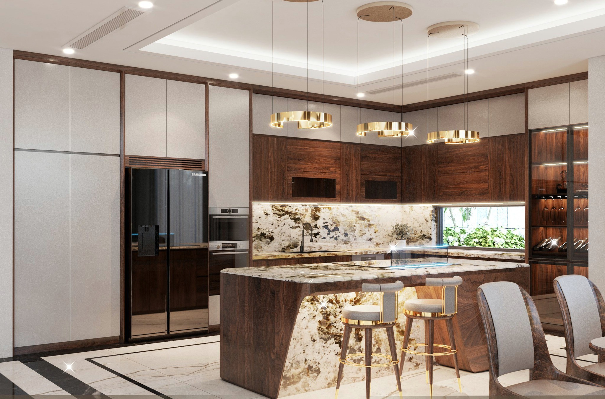 Mẫu tủ bếp gỗ tự nhiên cao cấp chữ L kết hợp tủ rượu sang trọng hiện đại