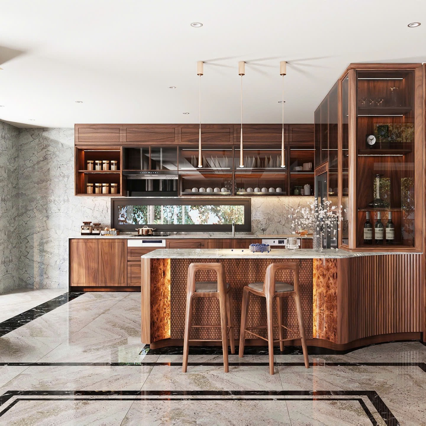 Tủ bếp gỗ chữ I song song đảo, tủ treo hai tầng kính–gỗ, tường và mặt bếp ốp đá cẩm thạch, đảo ốp CNC tổ ong – lam sóng