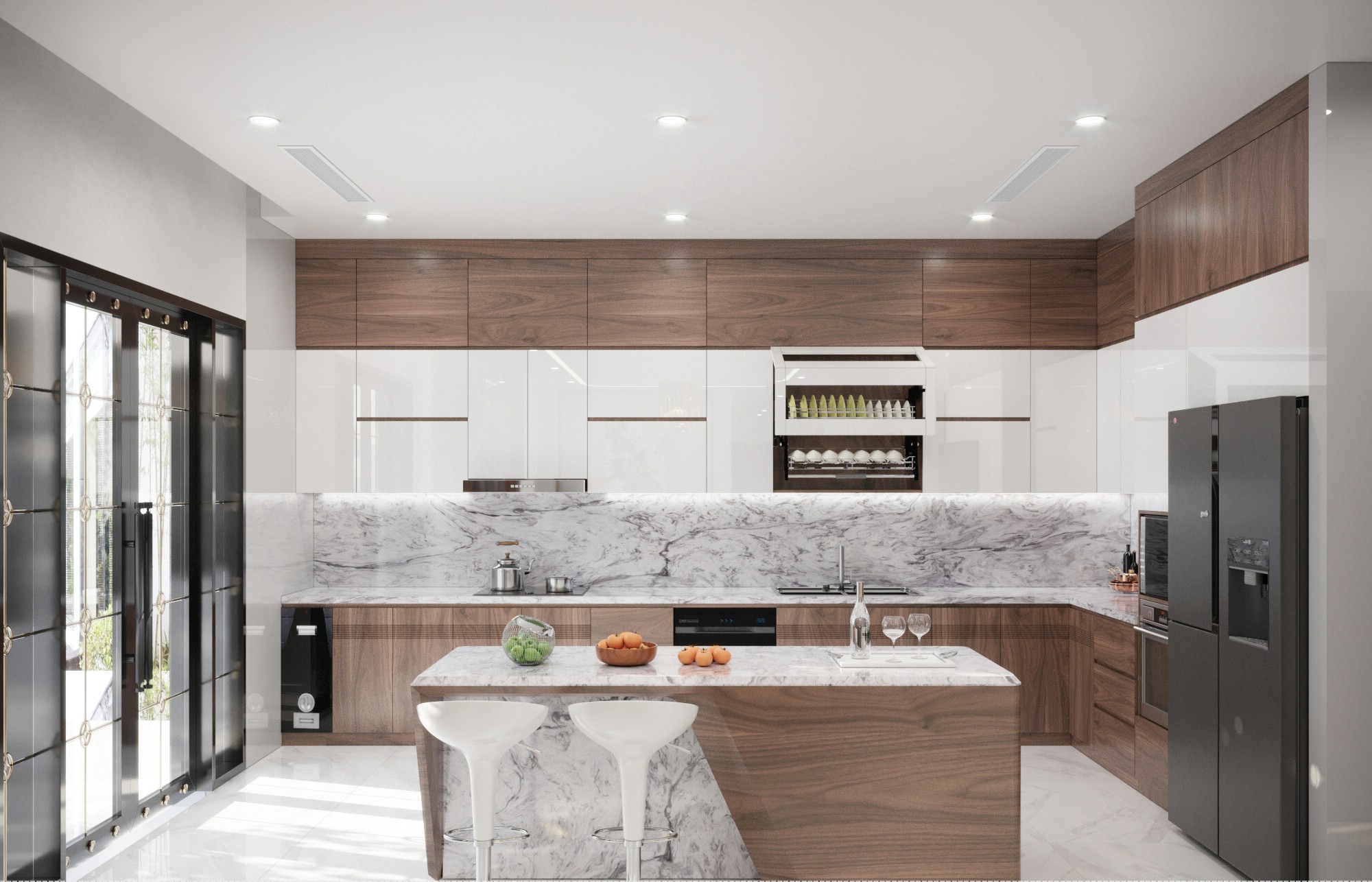 Mẫu tủ bếp hiện đại chữ L acrylic trắng melanite nâu nhạt sang trọng