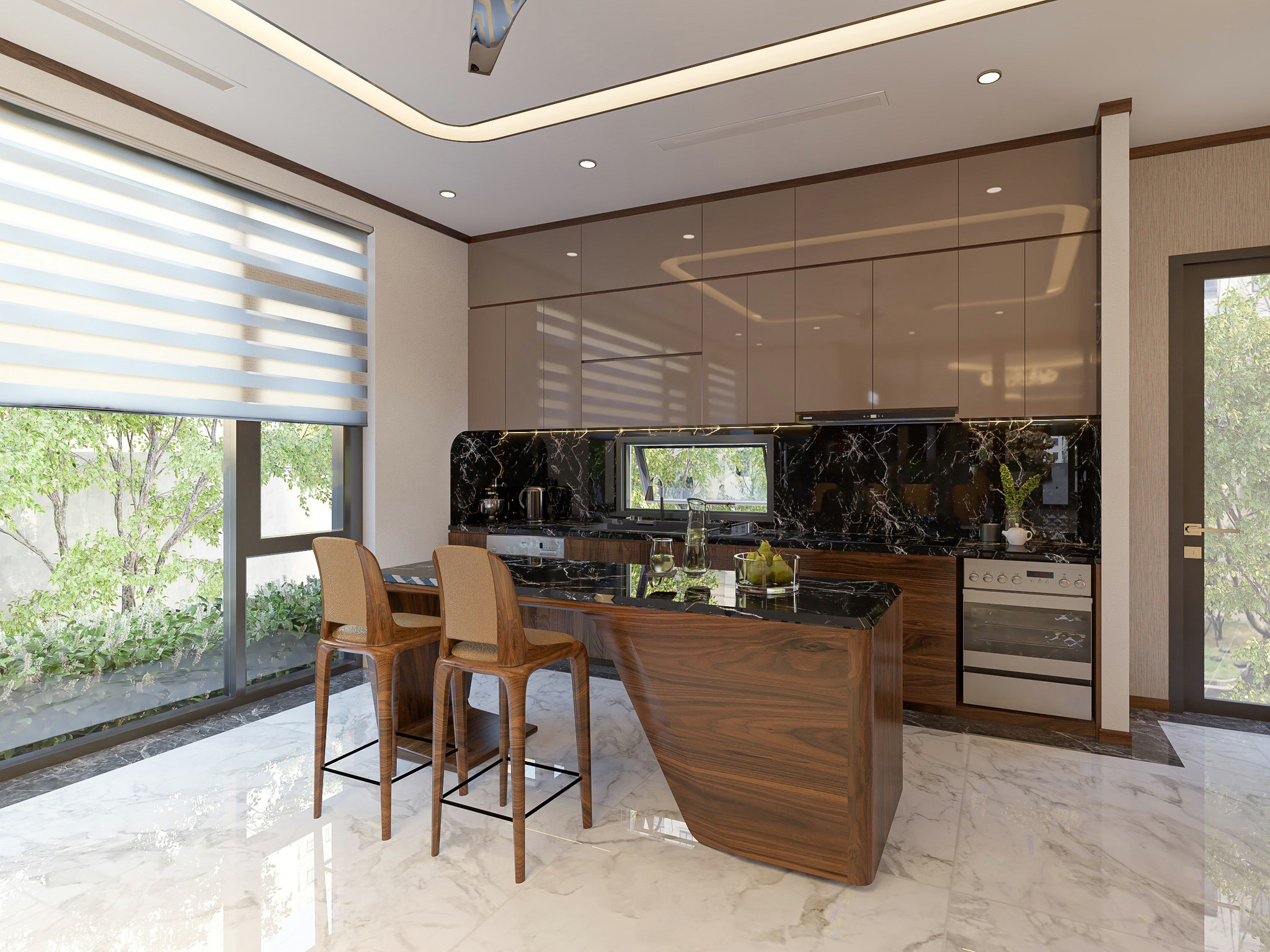 Mẫu tủ bếp thẳng chữ I cao kịch trần kết hợp acrylic trắng ghi và laminate nâu đỏ