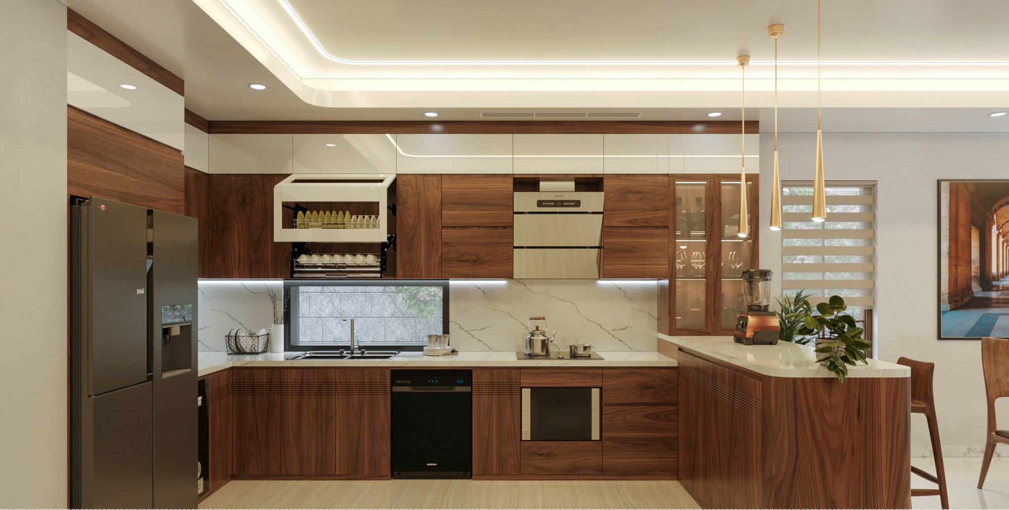 Mẫu tủ bếp chữ U hiện đại màu nâu cánh gián kết hợp bàn đảo