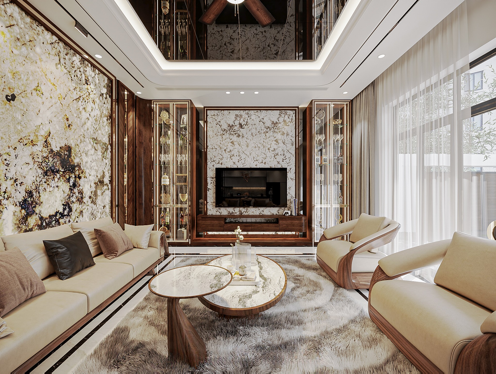 Mẫu tủ kệ tivi phòng khách treo tường hiện đại bằng gỗ veneer óc chó