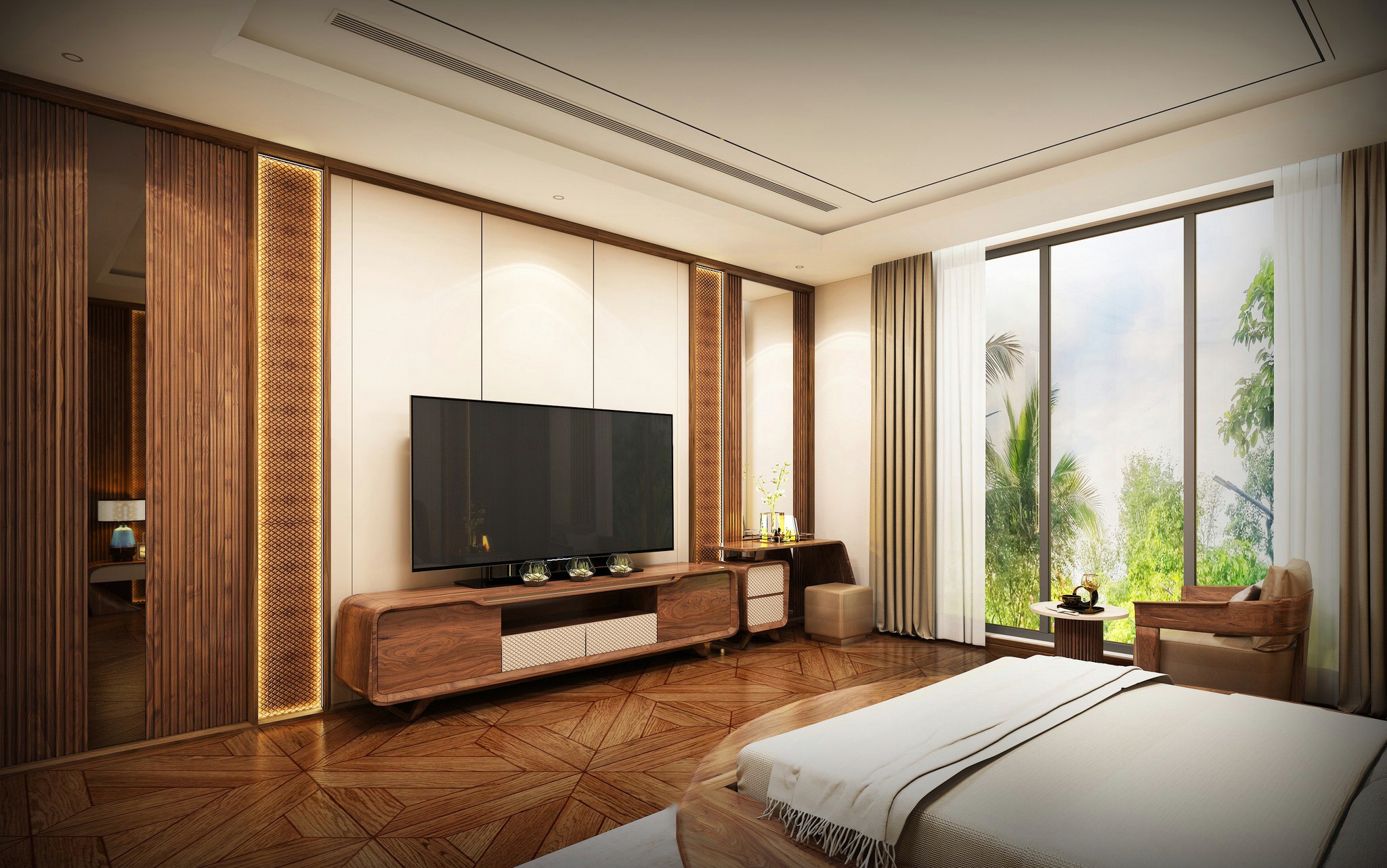 Mẫu tủ kệ tivi gỗ tự nhiên dáng thấp bo tròn cạnh với ngăn kéo ốp da caro