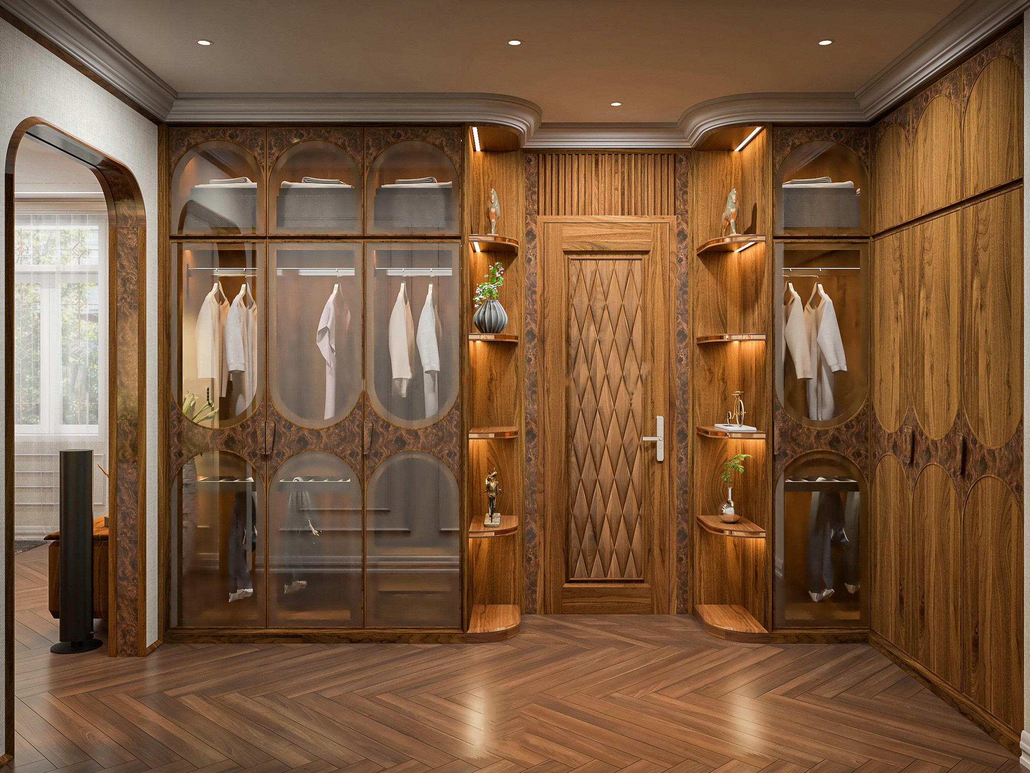 Mẫu tủ quần áo chữ L đẹp bằng gỗ tự nhiên đặt góc tường