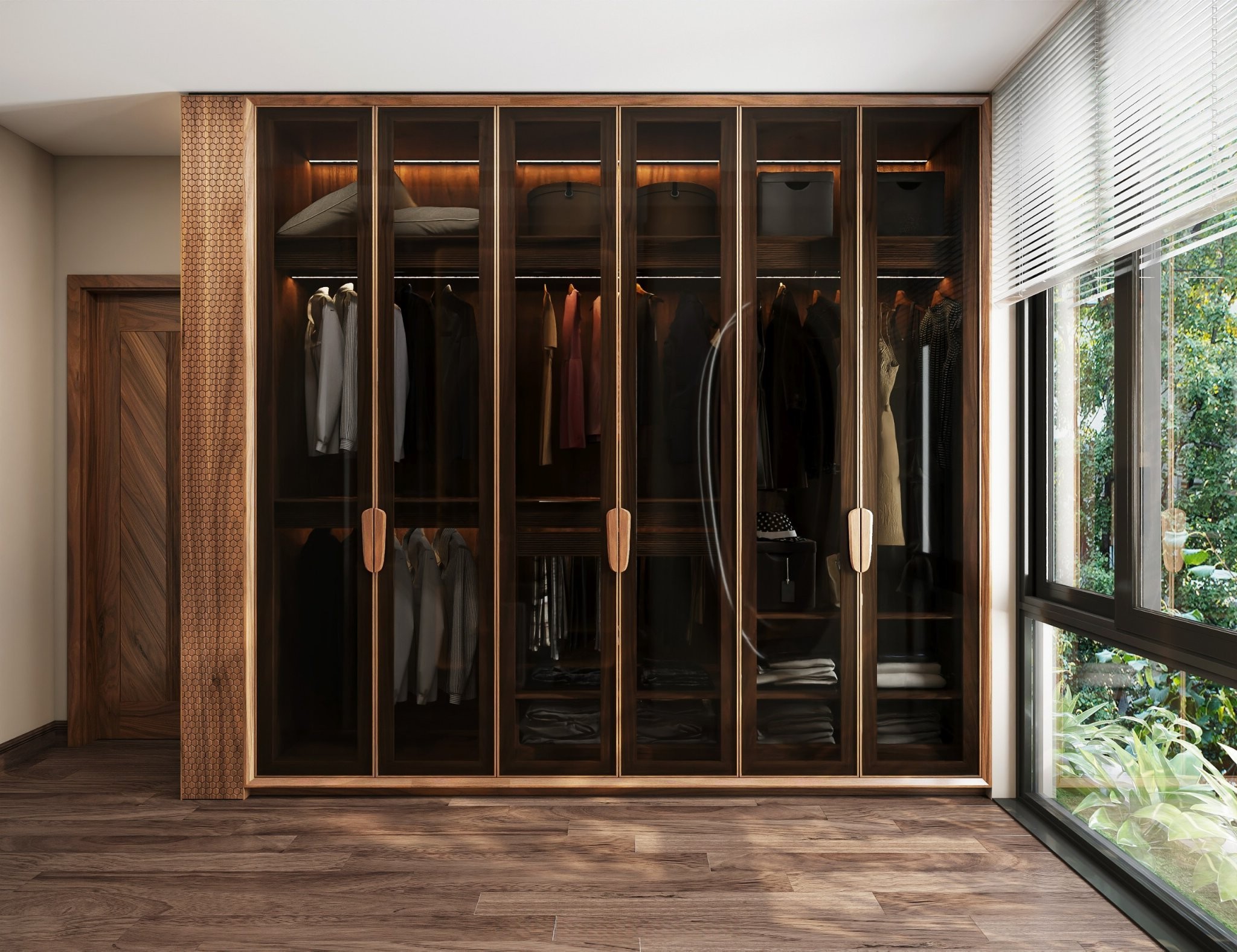 Mẫu tủ quần áo gỗ đẹp hiện đại với cánh kính xám khói khung gỗ tự nhiên