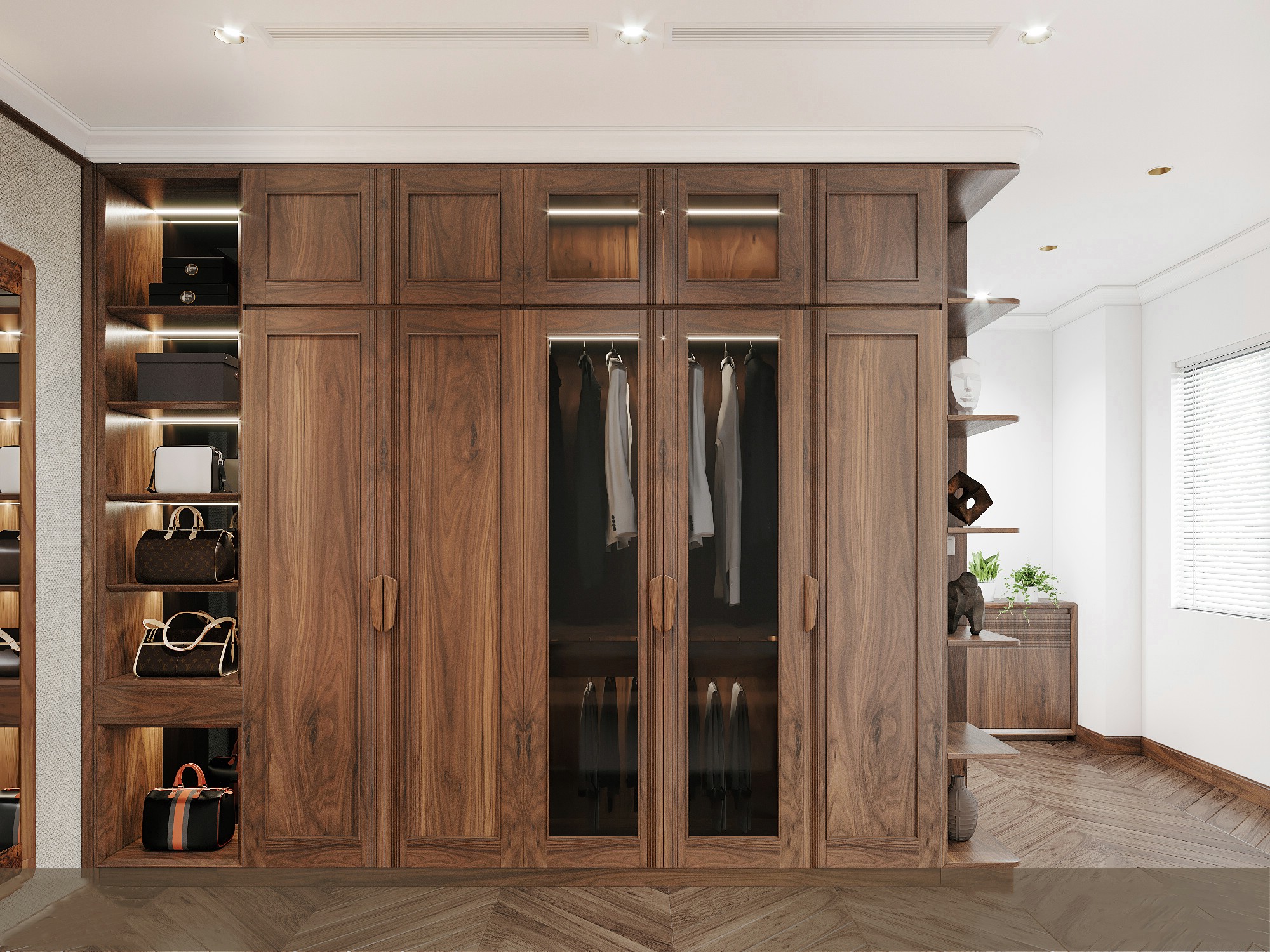 Mẫu tủ quần áo gỗ tự nhiên 5 cánh dáng chữ I cao kịch trần hiện đại