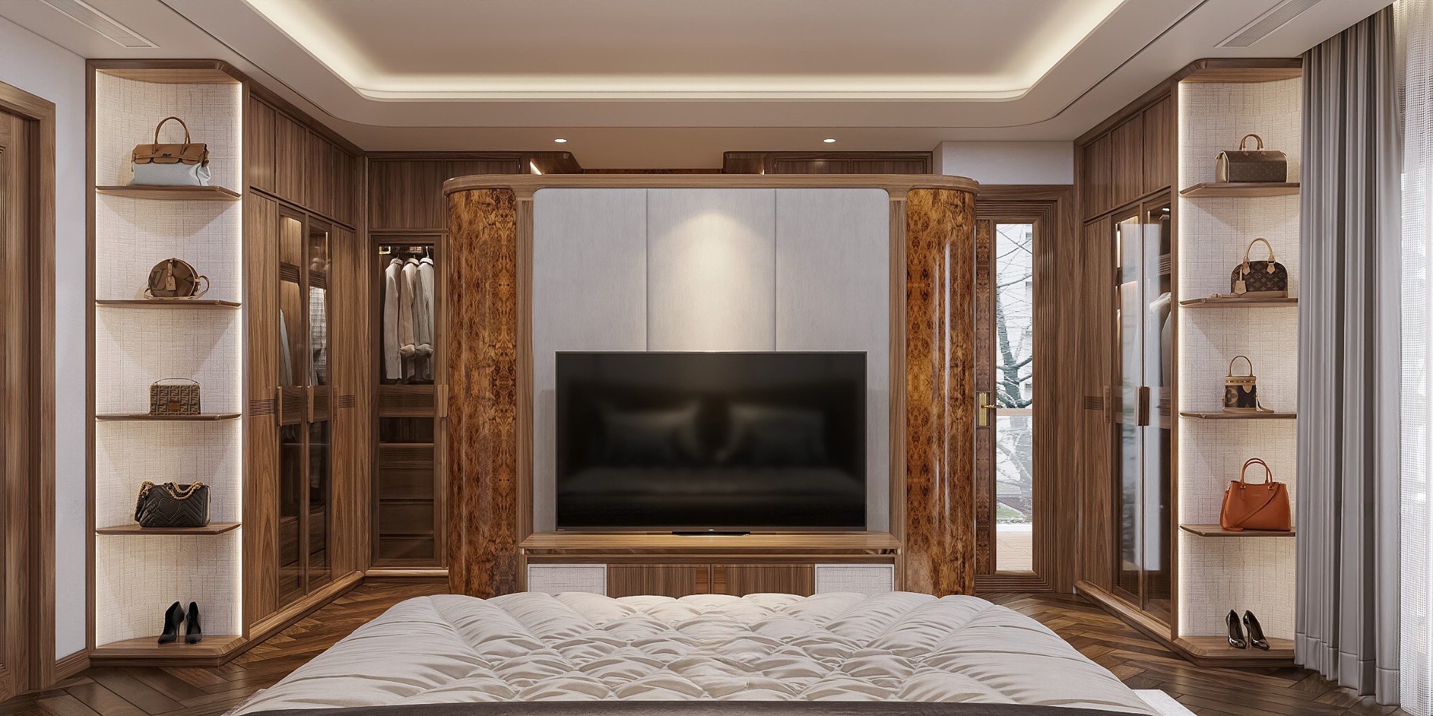 Mẫu tủ quần áo gỗ tự nhiên hiện đại chữ L cao kịch trần