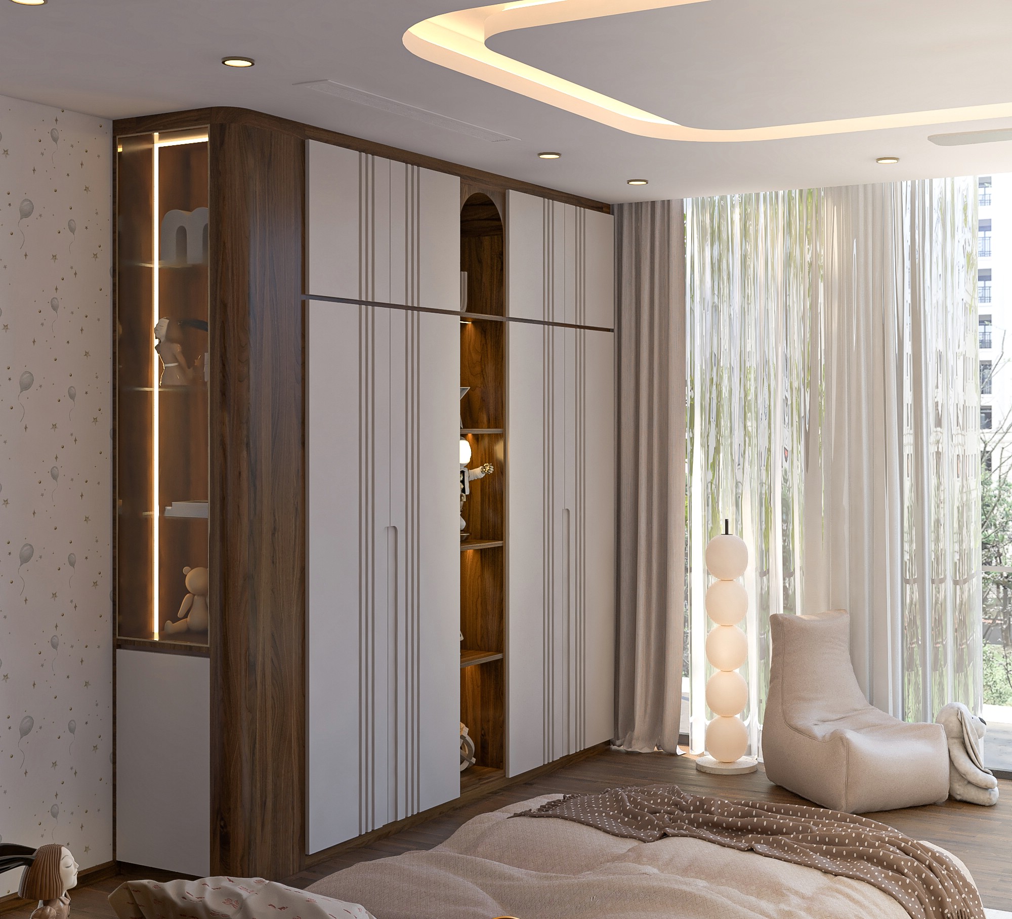 Mẫu tủ quần áo gỗ chữ I cao kịch trần với kệ trang trí và cánh acrylic trắng