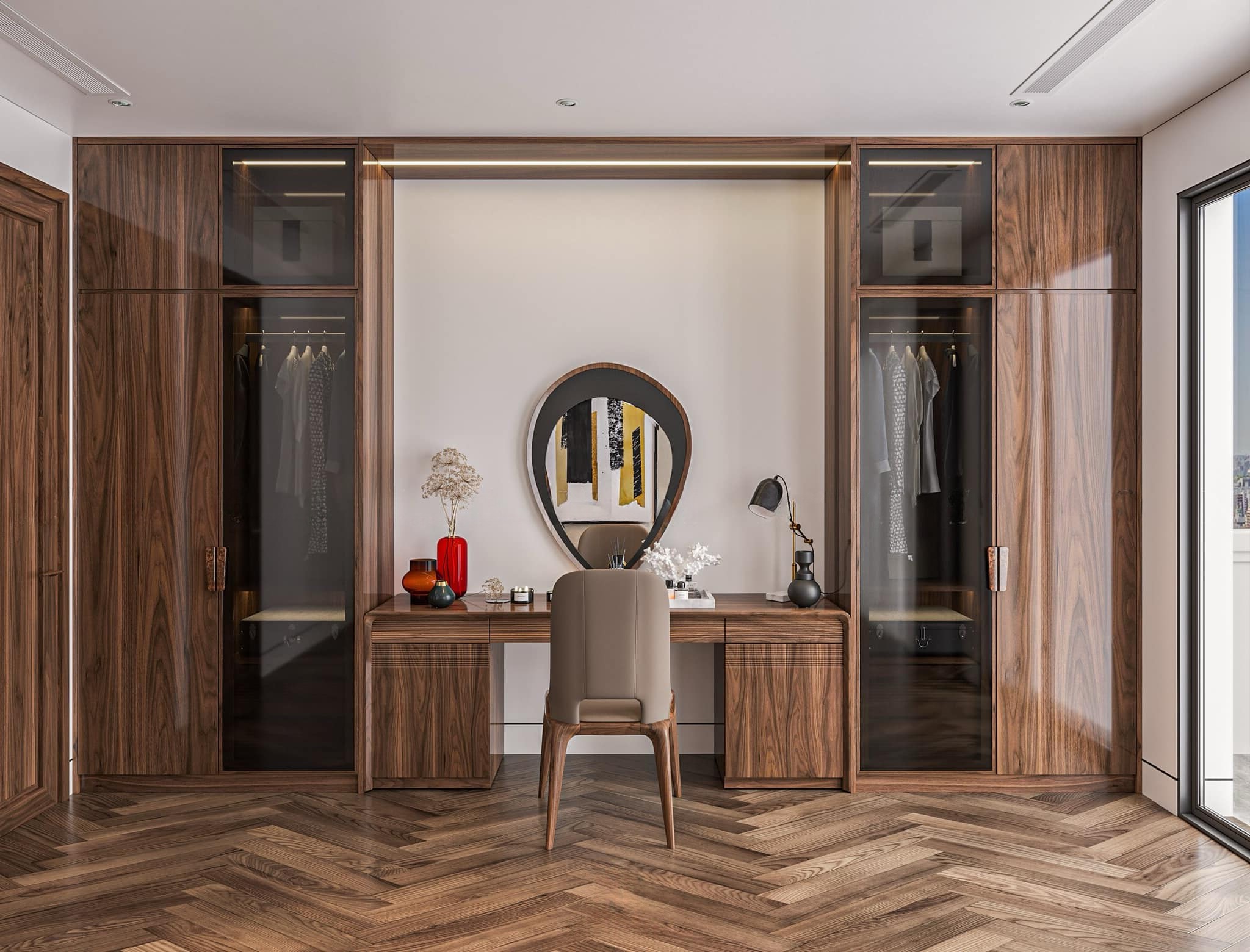 Mẫu tủ quần áo kết hợp bàn trang điểm gỗ óc chó hiện đại tiện nghi cho phòng ngủ