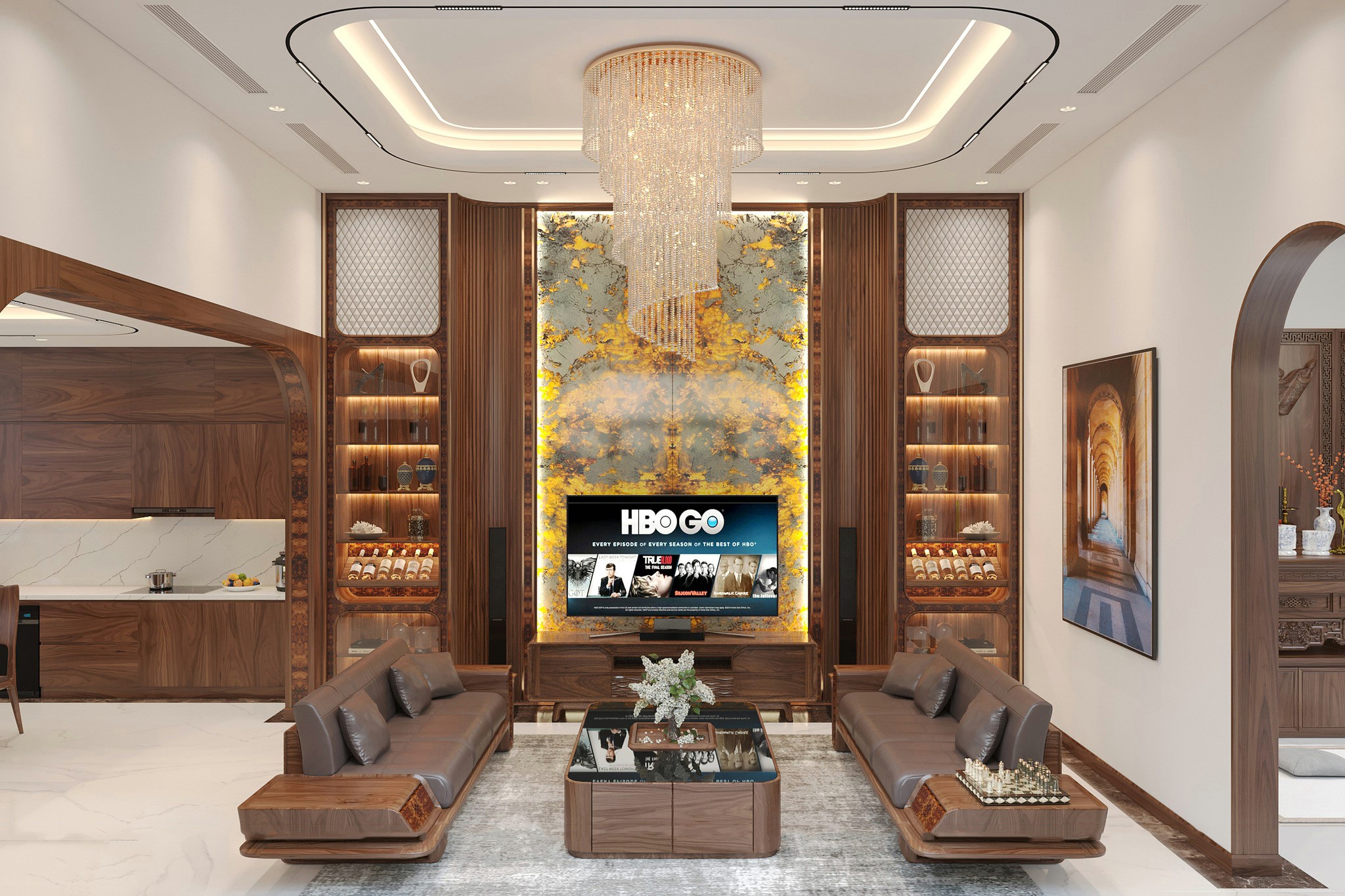 Mẫu tủ rượu đẹp phòng khách gỗ óc chó sang trọng