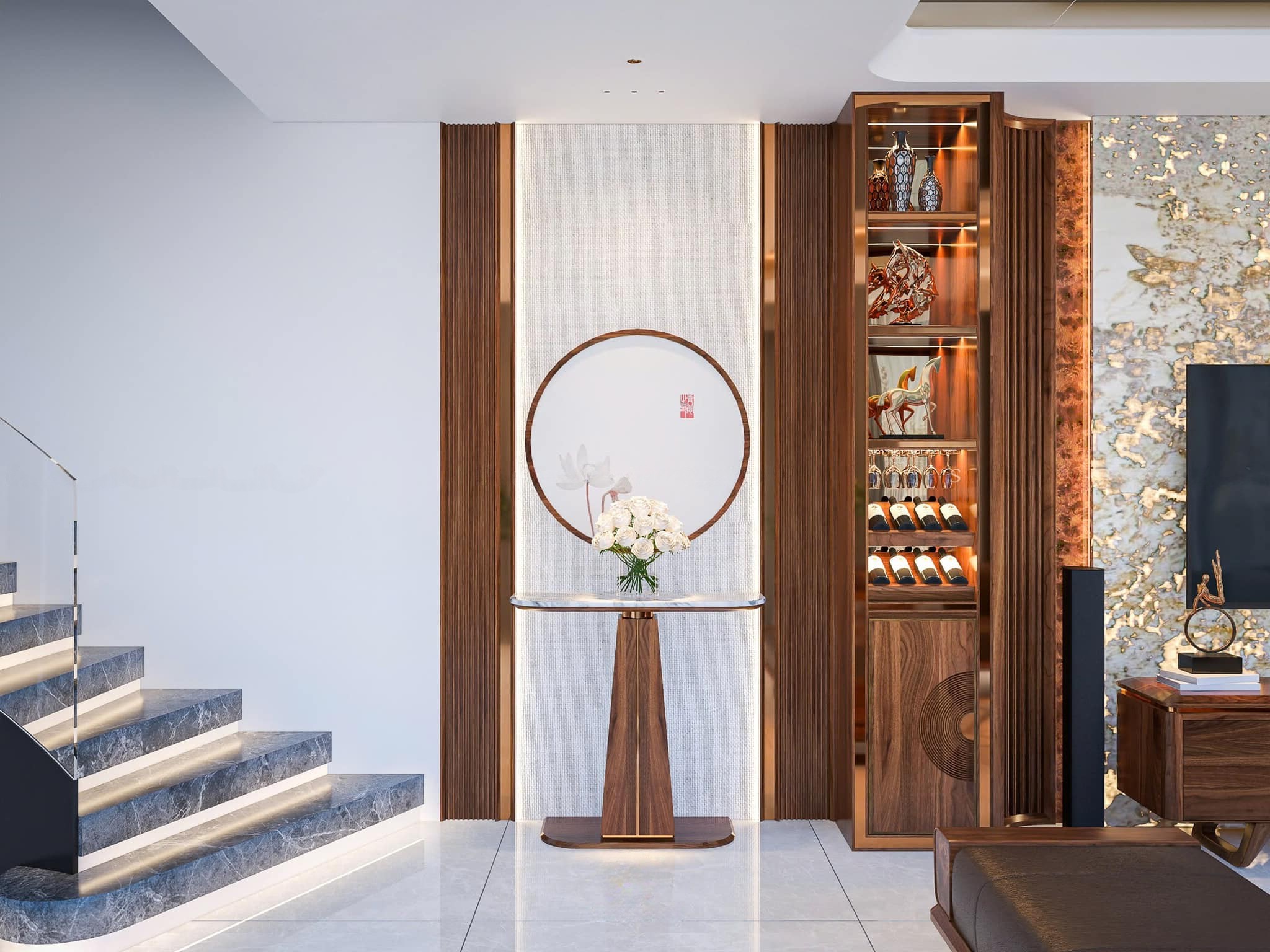 Tủ rượu gỗ tự nhiên cao kịch trần nhỏ gọn màu nâu đậm