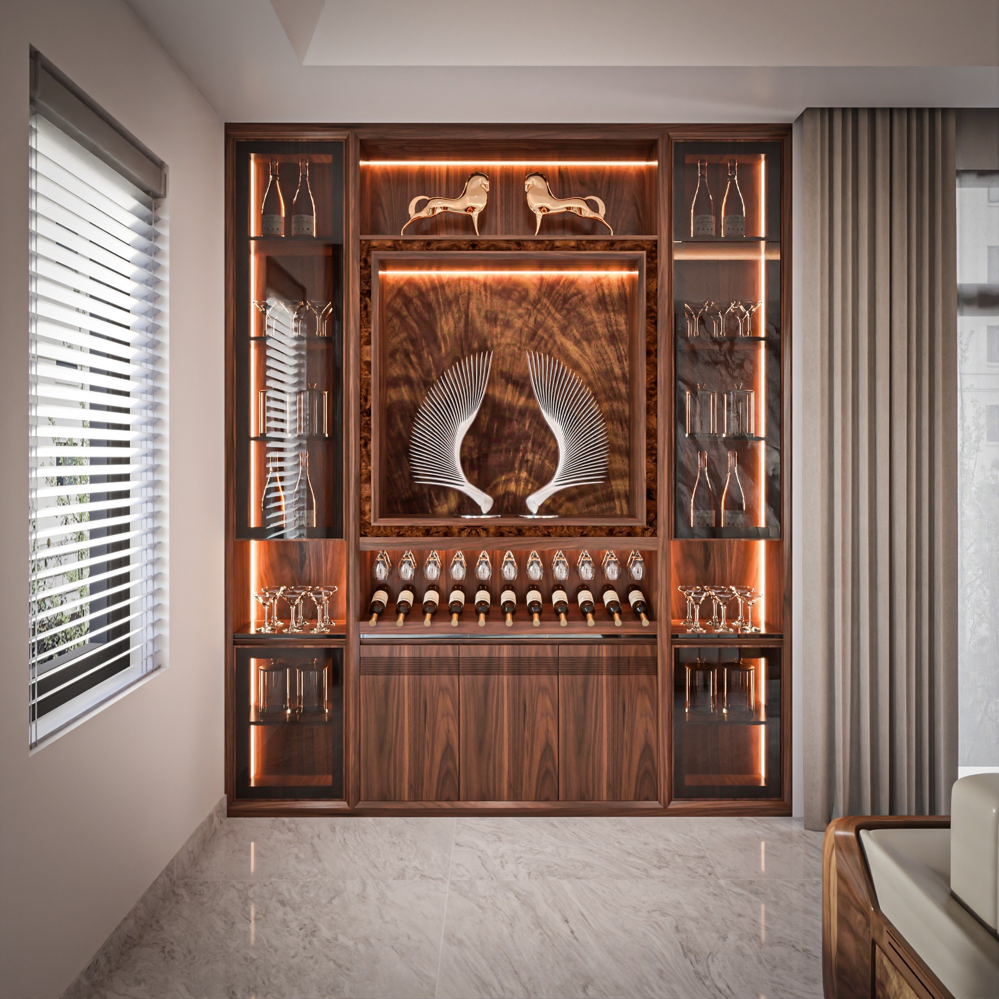 Mẫu tủ rượu góc phòng khách gỗ tự nhiên cao kịch trần âm tường với thiết kế 2 bên cánh kính 7 tầng
