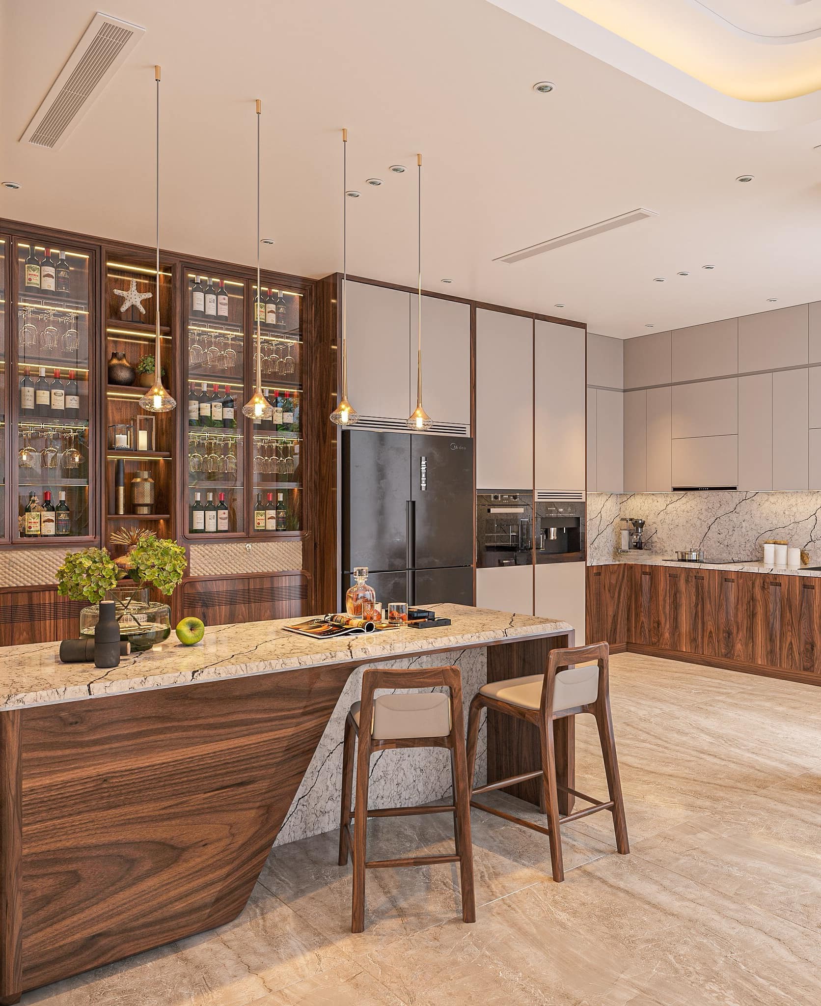 Mẫu tủ rượu phòng bếp hiện đại kịch trần dáng chữ I