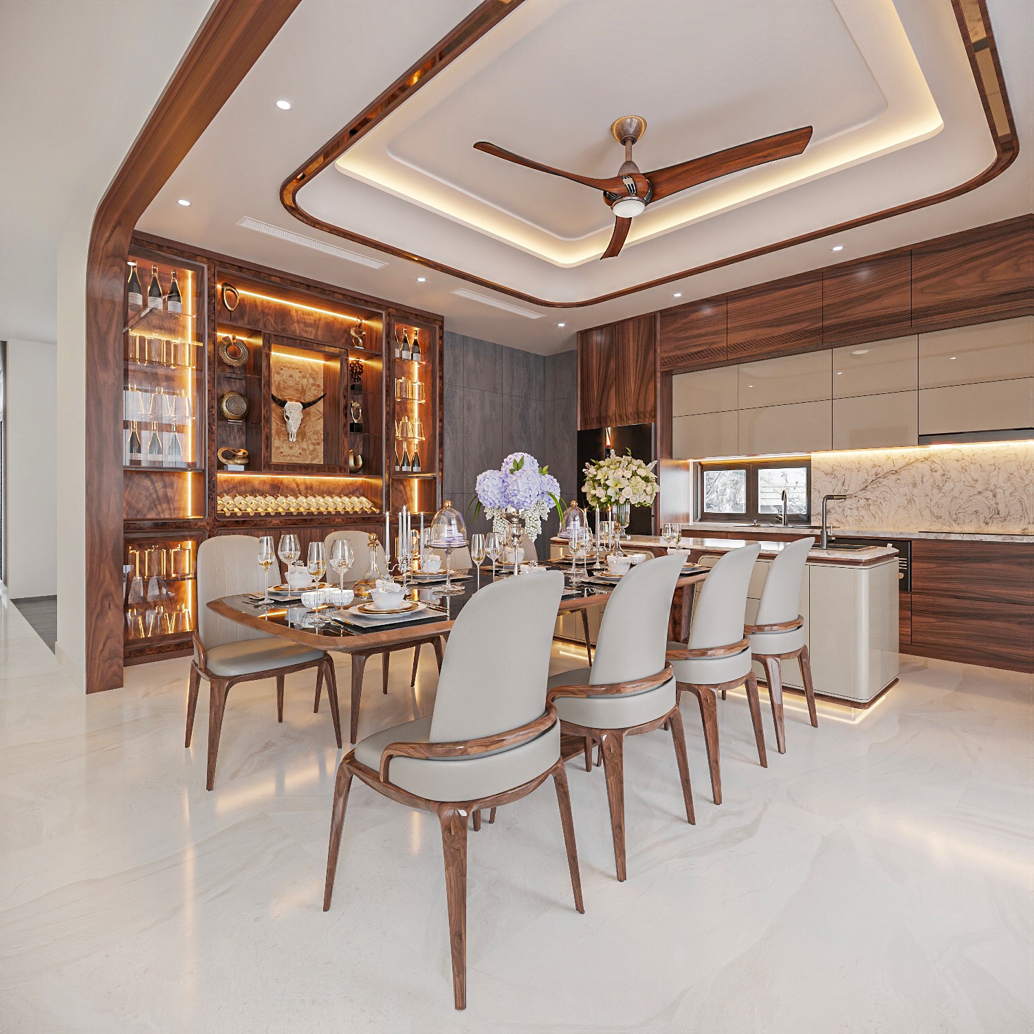 Mẫu tủ rượu phòng khách gỗ tự nhiên với kệ kính và đèn led