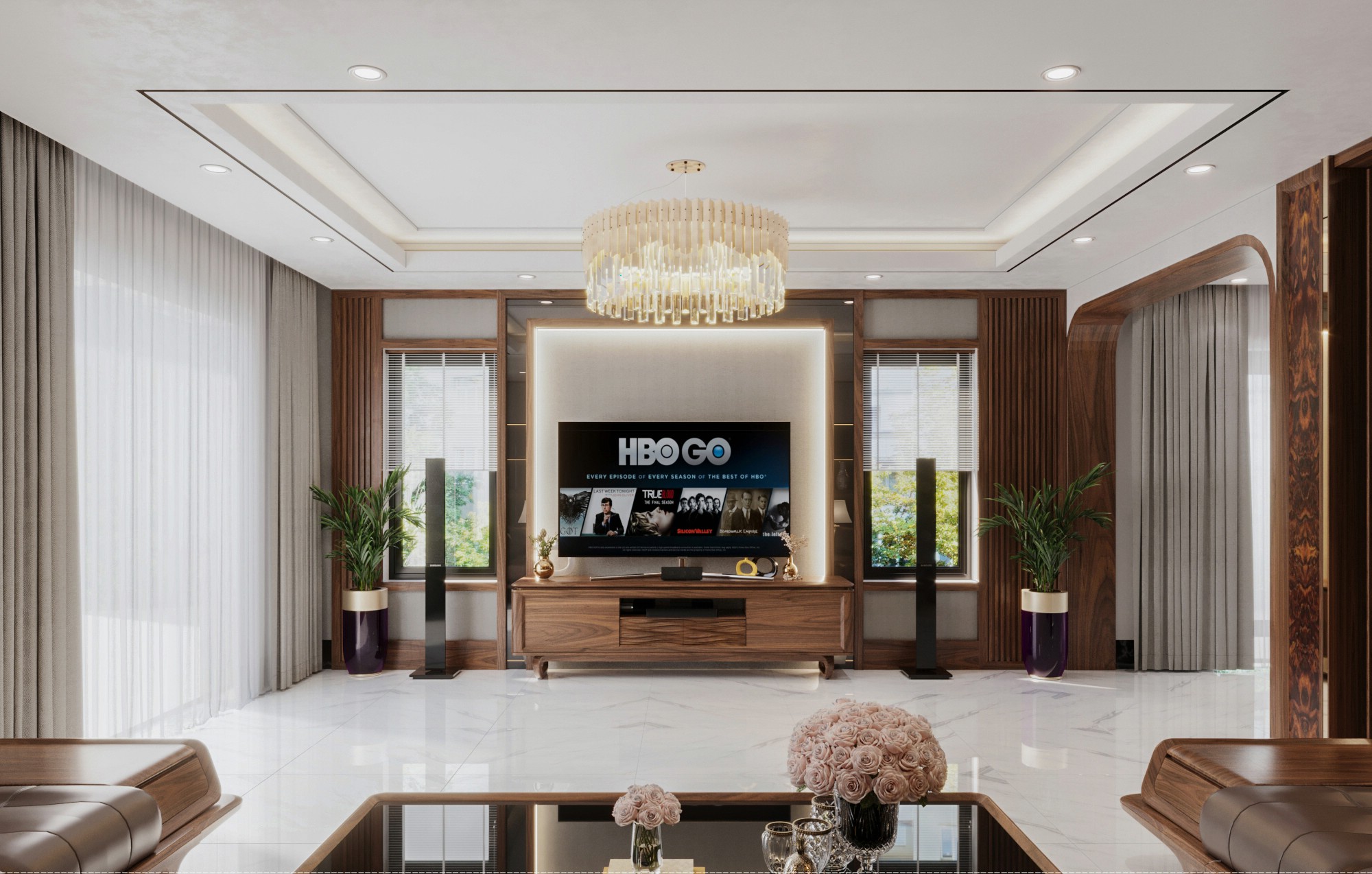 Mẫu vách kệ tivi phòng khách gỗ tần bì chân thấp kết hợp vách kính khung vuông