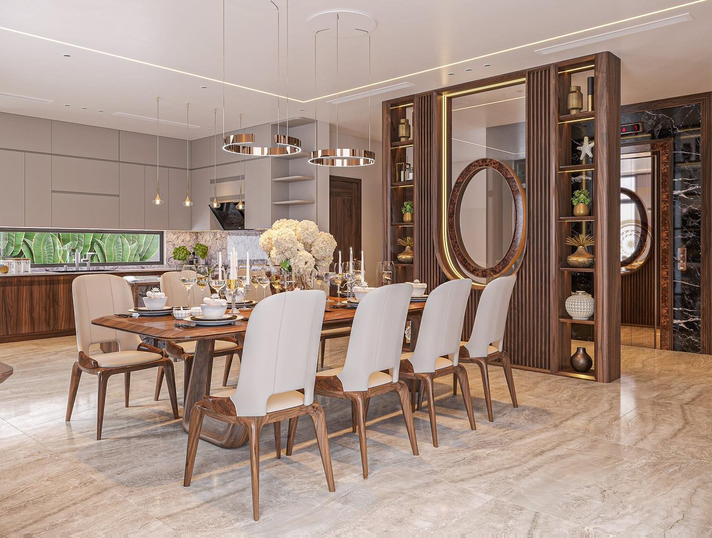 Vách ngăn đẹp cao kịch trần khung kính vòm cung, khung veneer nu oval, đèn LED viền kính và kệ trang trí 6 tầng