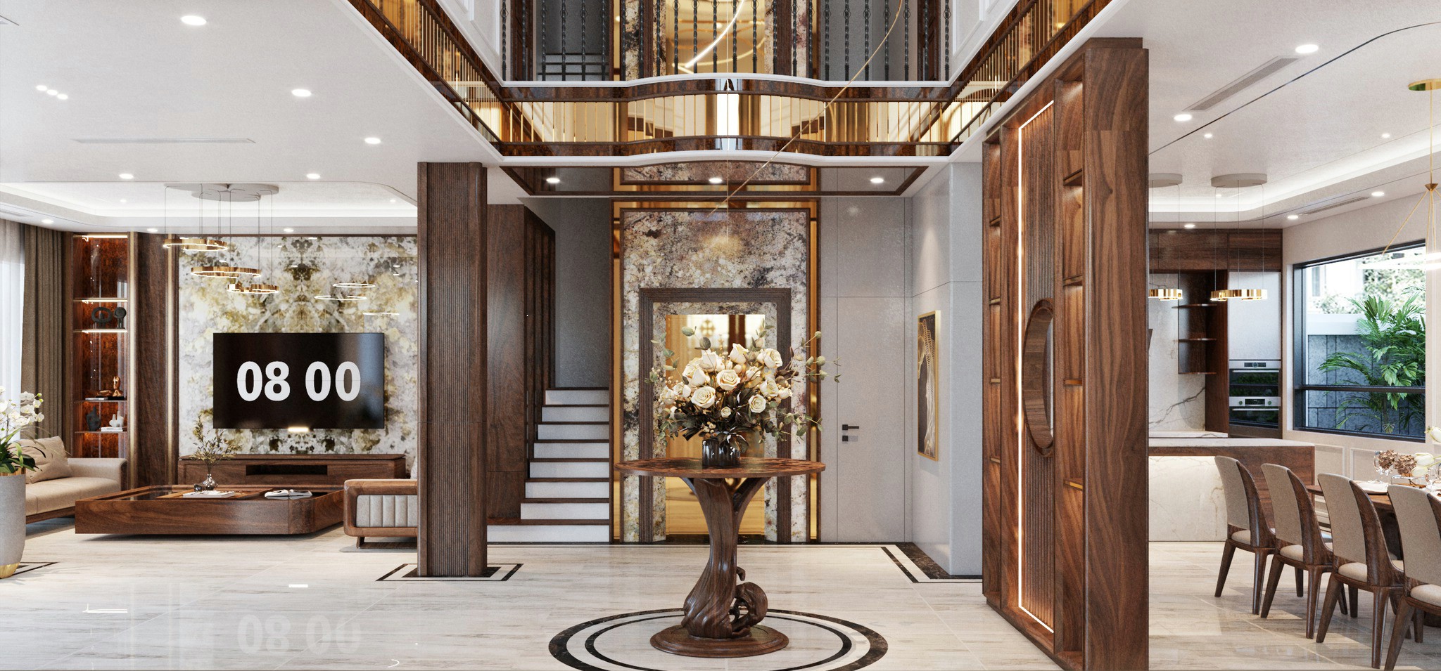 Mẫu vách ngăn phòng khách và phòng ăn gỗ veneer óc chó kịch trần