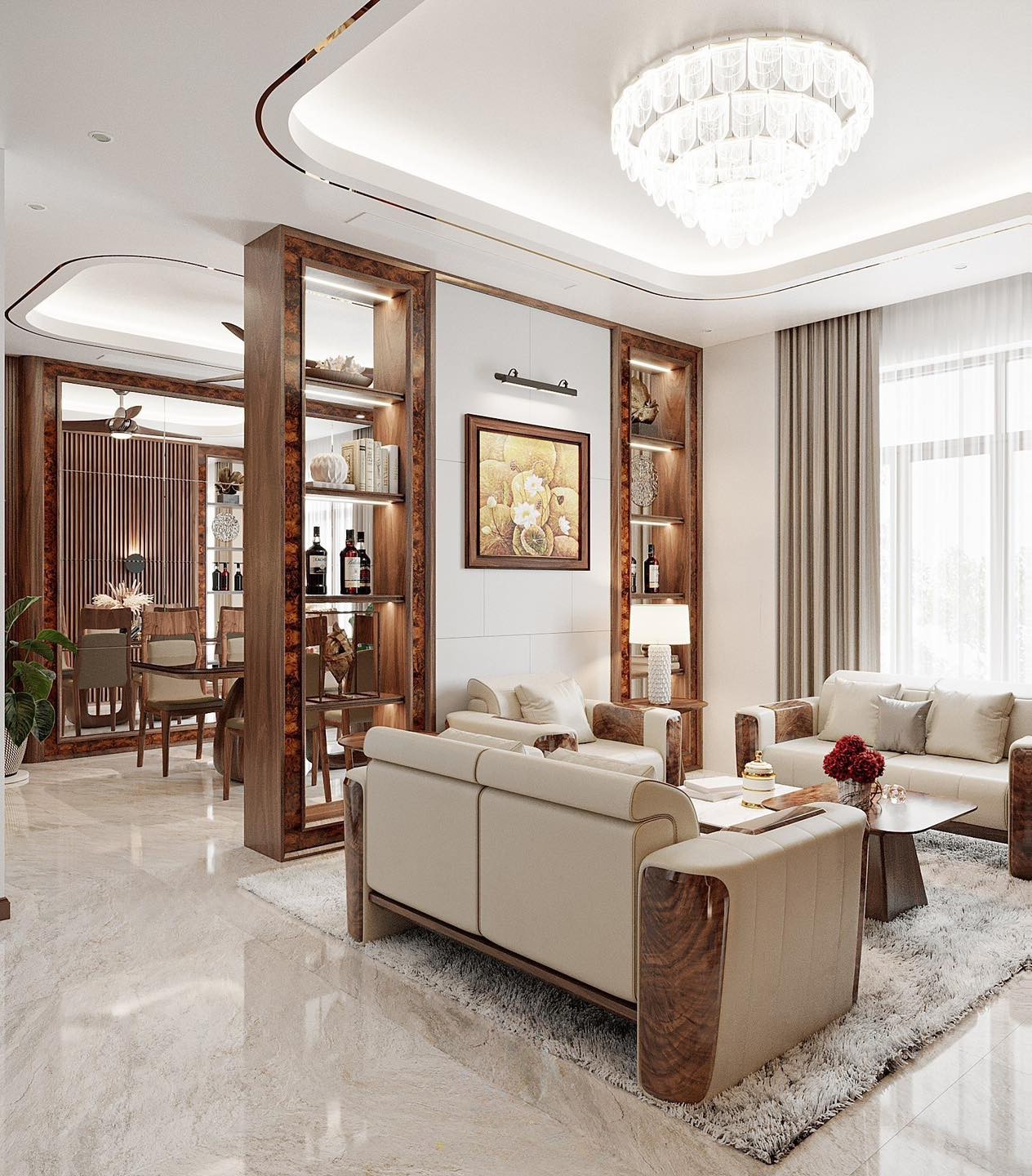 Mẫu vách ngăn phòng khách hiện đại bằng gỗ cao kịch trần