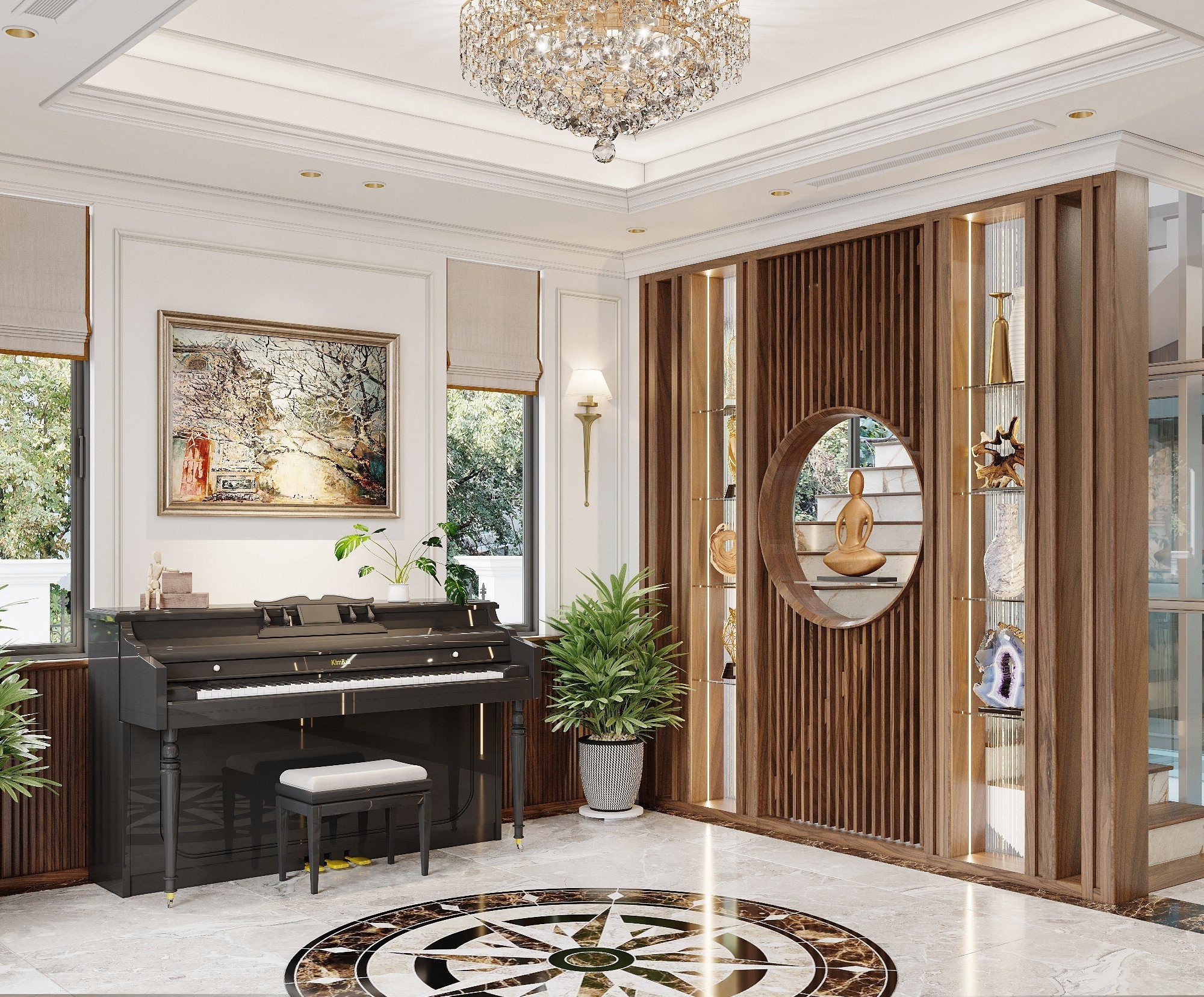 Mẫu vách ngăn phòng khách và cầu thang với khung gỗ tròn, lam sóng và kệ kính đèn LED