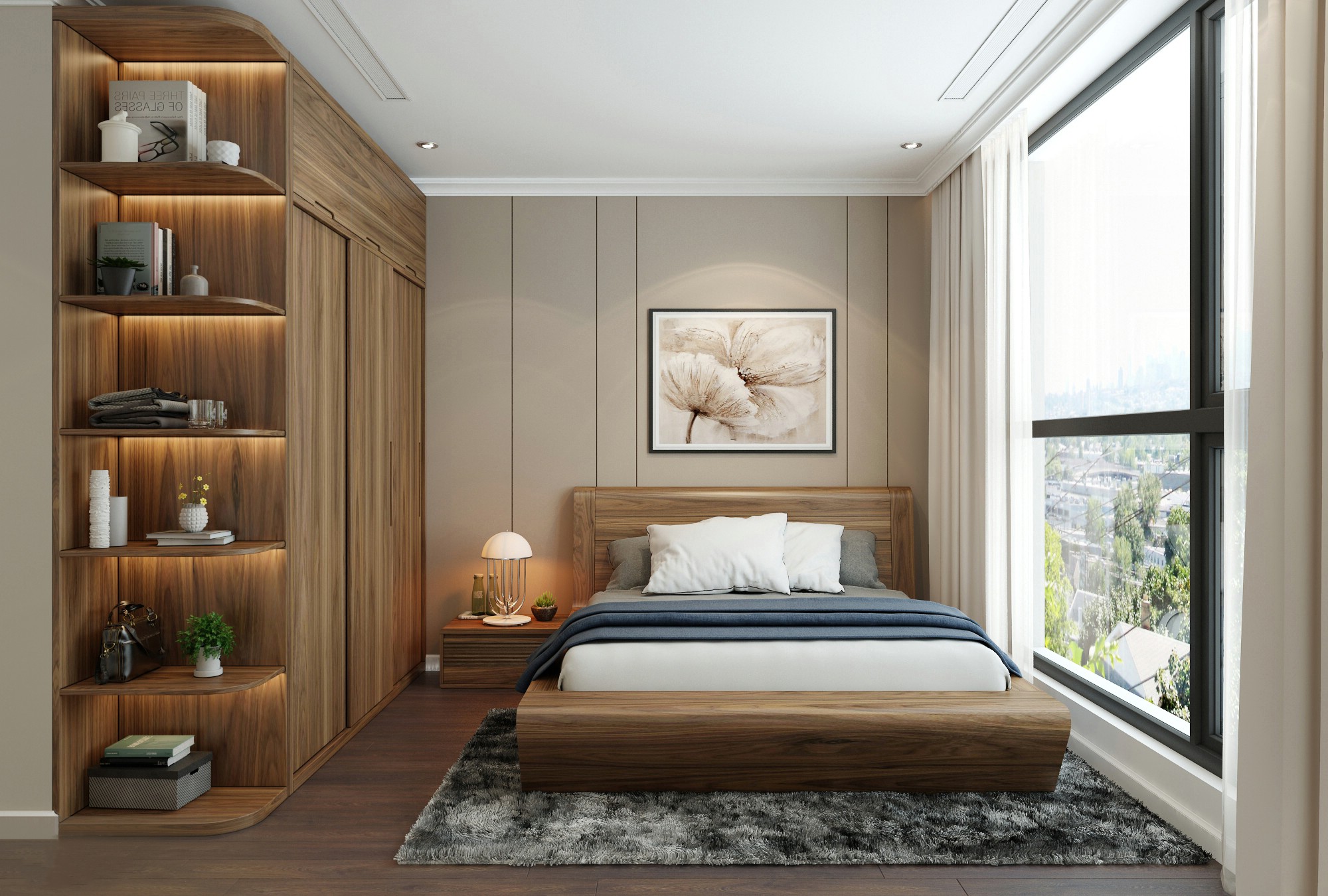 Nội thất chung cư phòng ngủ với giường gỗ dáng hộp, tủ quần áo MDF và sàn giả gỗ nâu trầm