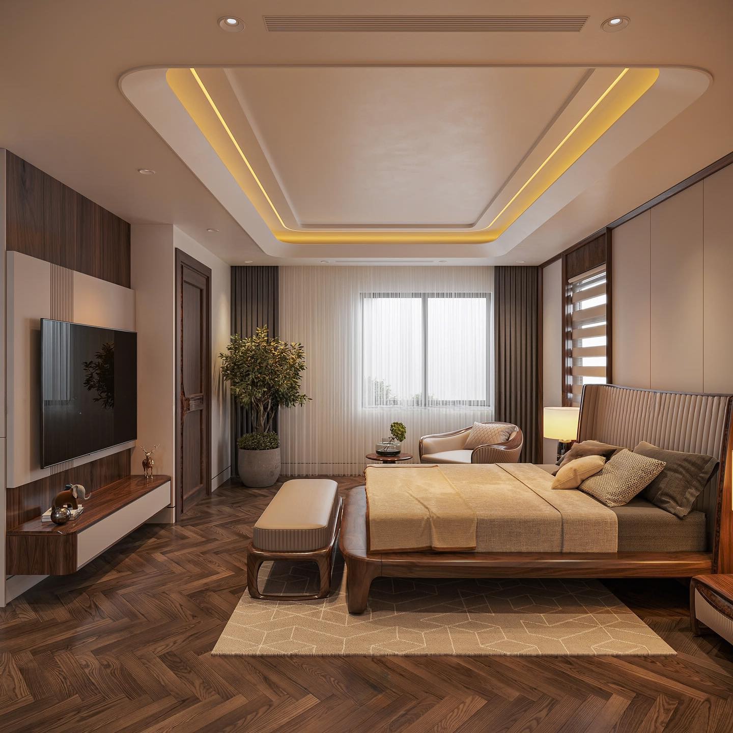 Nội thất giường ngủ gỗ óc chó bo cong với tựa nệm kẻ sọc sang trọng