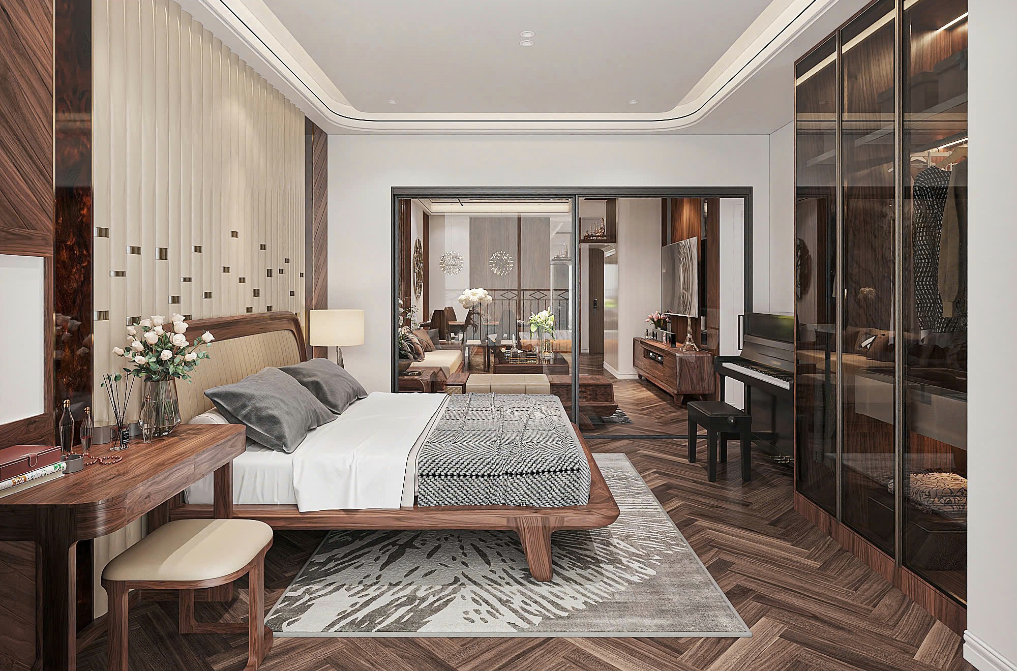 Nội thất nhà phố đẹp với phòng ngủ cách âm kính, giường đối diện tủ quần áo và sàn xương cá
