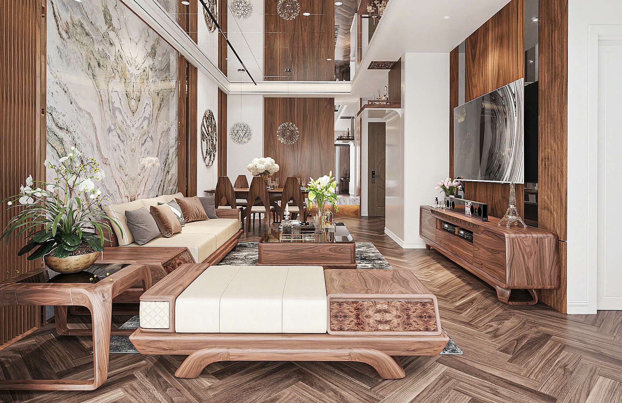 Nội thất nhà phố hiện đại gỗ óc chó sang trọng