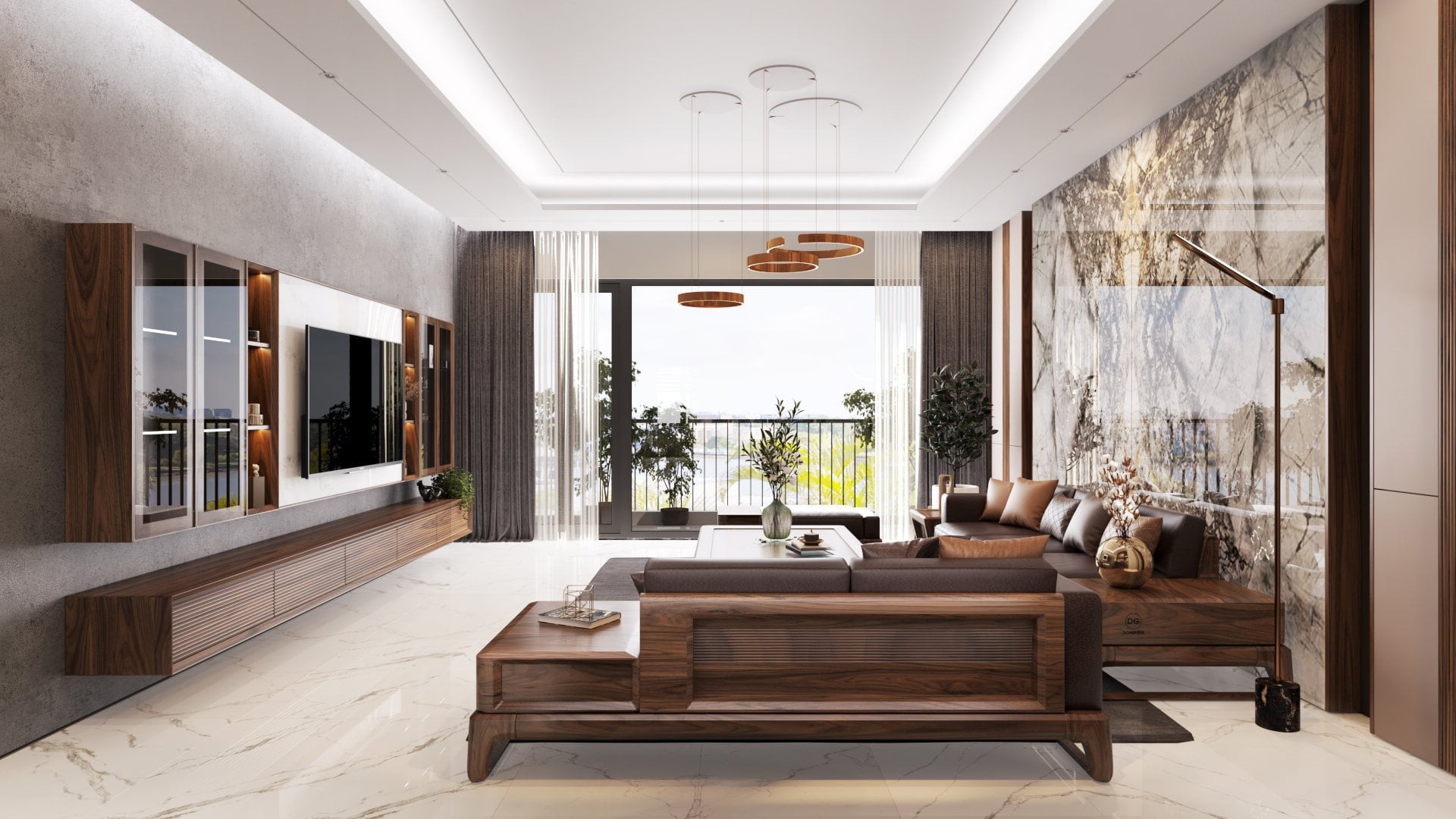 Nội thất phòng khách chung cư đẹp hiện đại với cửa logia lớn và bộ bàn ghế gỗ