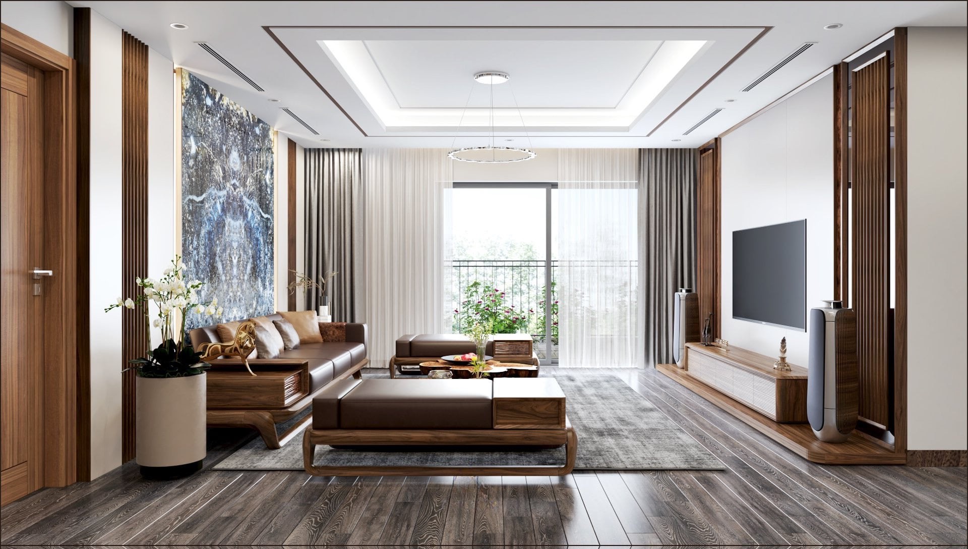 Nội thất phòng khách chung cư 20m2 với sofa gỗ óc chó và kệ tivi acrylic hiện đại