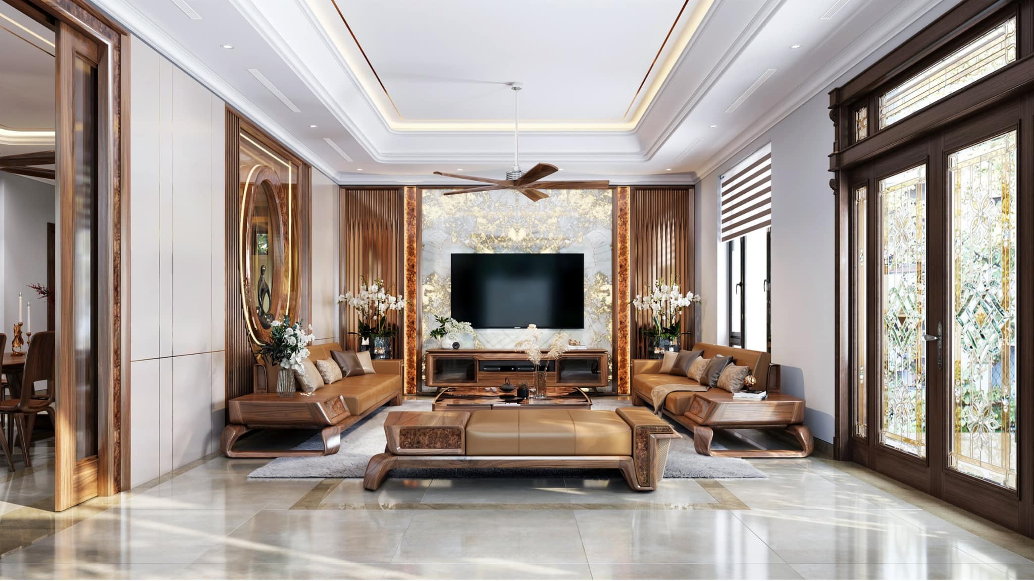 Nội thất phòng khách gỗ óc chó hiện đại với sofa văng và bàn trà nguyên khối