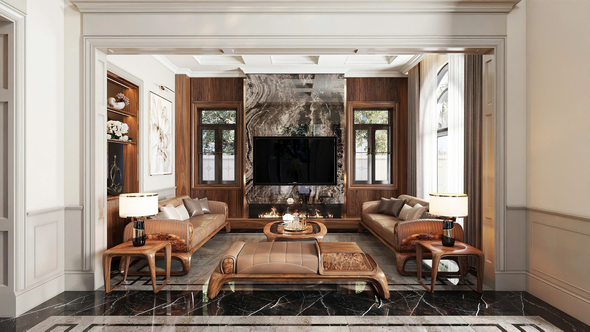 Nội thất phòng khách hiện đại với sofa bọc da veneer và kệ tivi lò sưởi điện